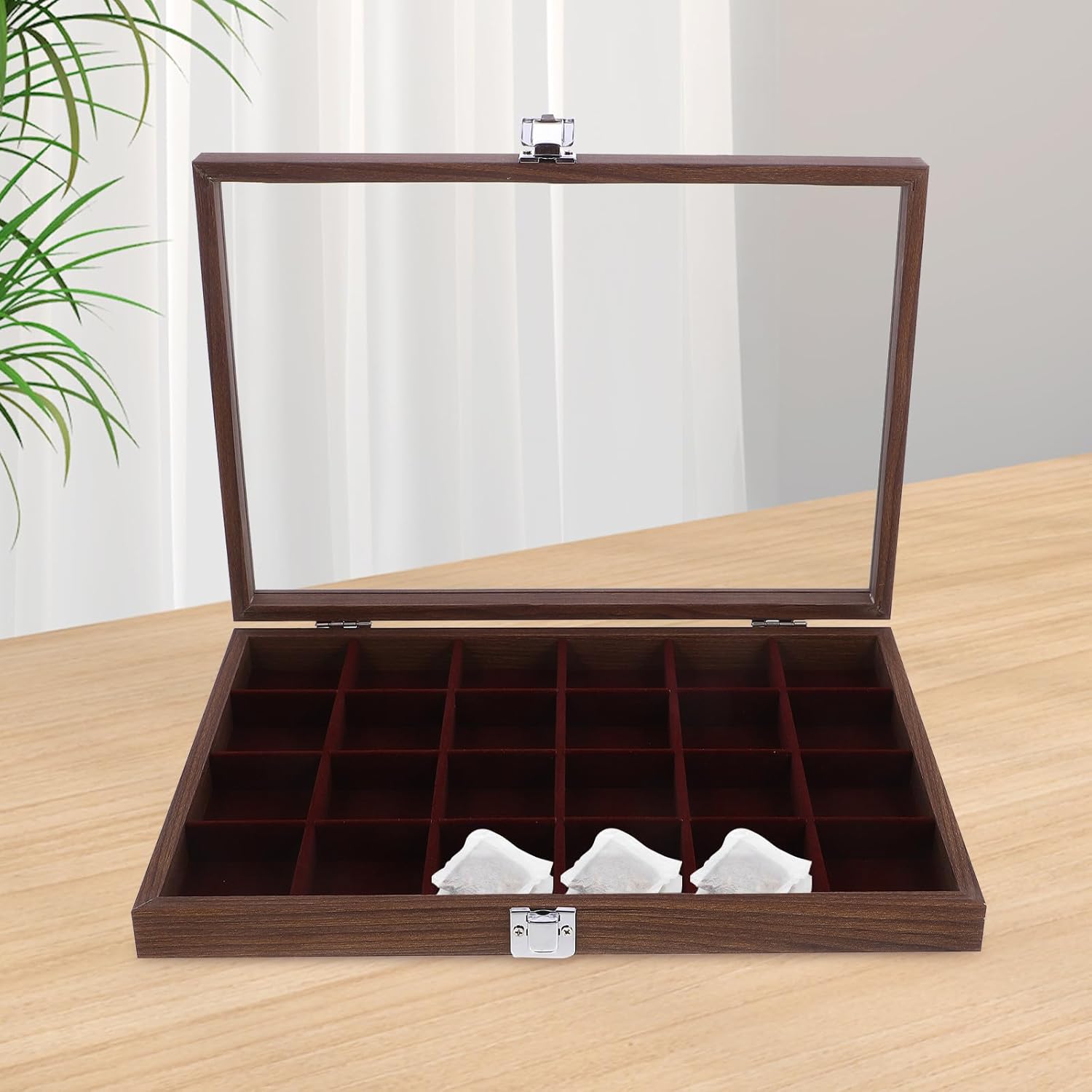Artibetter Tea Bag Storage Box with 24 Compartments, Walnut Wood Grain Organizer 10.24 X 7.68 X 2.36 Inches, Tea Packet Holder for Kitchen Pantry and Coffee Station