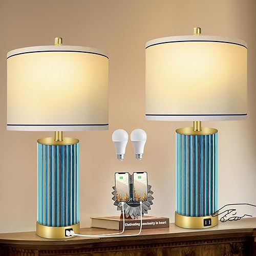 Juego de 2 lámparas de mesa con control táctil, lámpara de noche de cristal azul con 2 puertos USB, lámparas de noche regulables de 4 vías para sala
