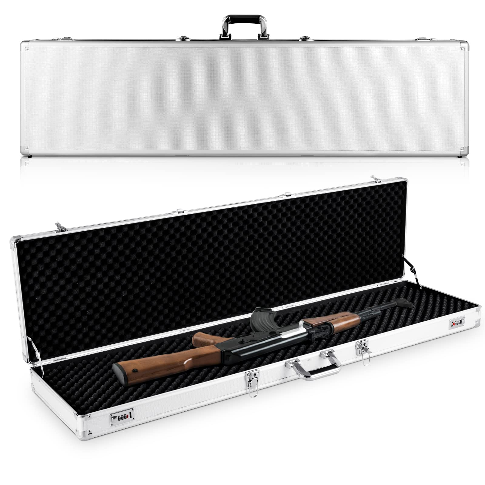 GYMAX Custodia Dura per Fucili e Pistole, Valigetta di Trasporto del Fucile con Maniglia Comoda, Custodia per Fucili in Alluminio con Fodera Interna di Spugna, 134 x 35 x 12 cm (Argento)