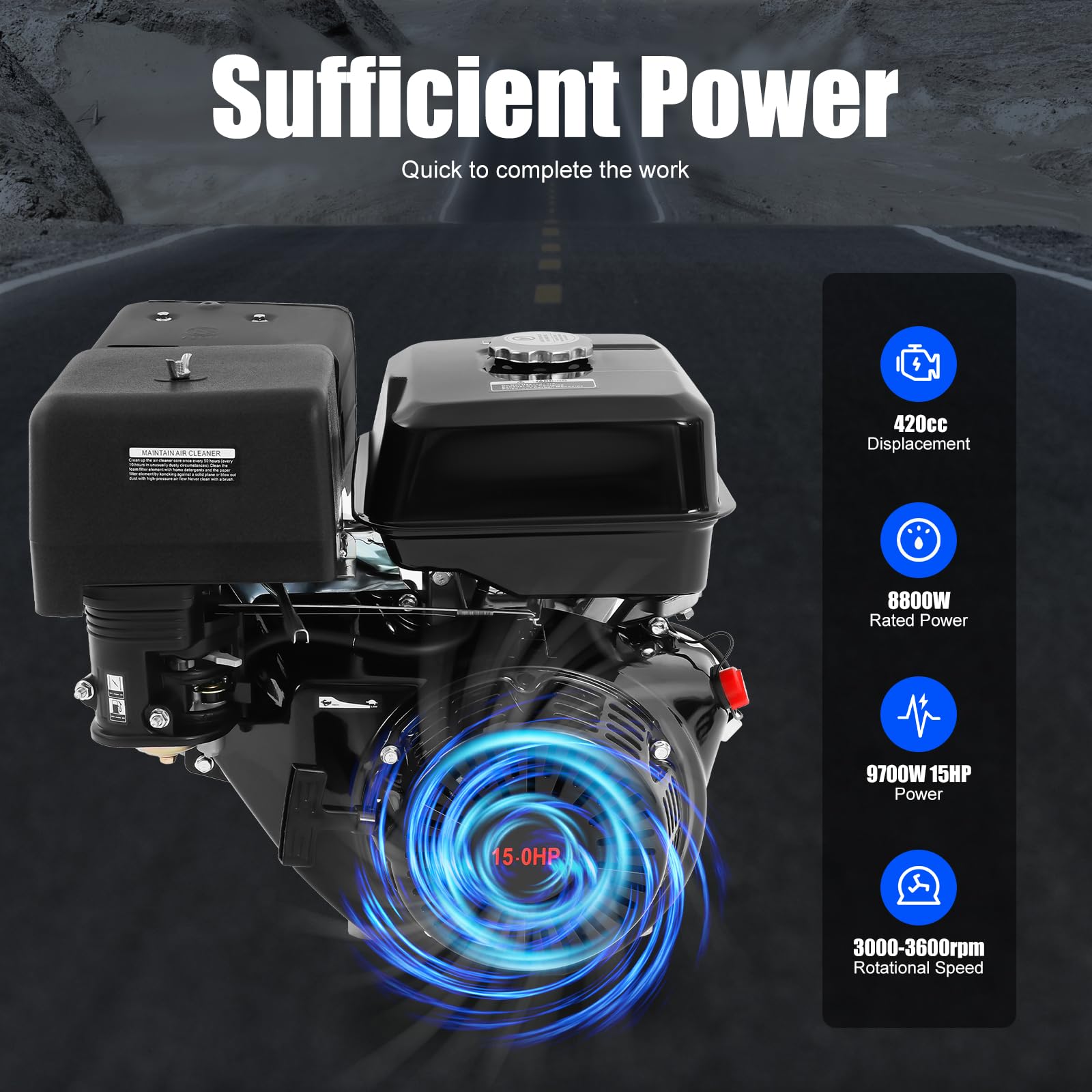 Motor de gasolina de 15 CV, 4 tiempos, 420 cc, monocilindro, motor de gasolina, motor de carga pesada, motor de karting, motor industrial de 3600 rpm, arranque por cable, motor de accionamiento