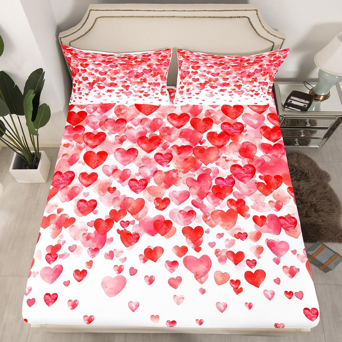 jejeloiu Red Bed Sheet Set Twin Size Heart Love Fitted Sheet for Kids Boys Girls Decor Romantic Day
