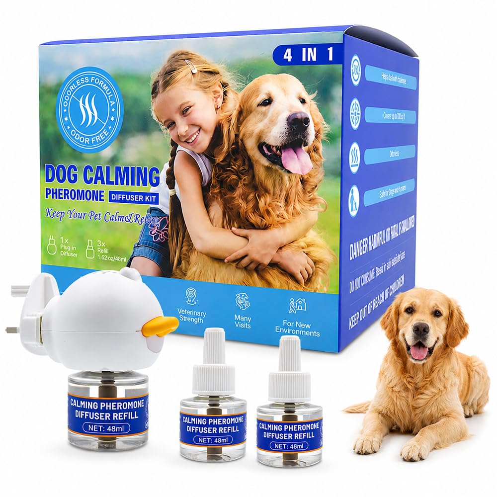 XPJBKC Dog Calming Plug In, 4-In-1 Therapet Diffuser for Dogs, Dog Calming Diffuser with 1 Diffuser + 3 Refills, To Help Reduce Anxiety And Stress In Pet Dogs, 90 Day Long Lasting Refill