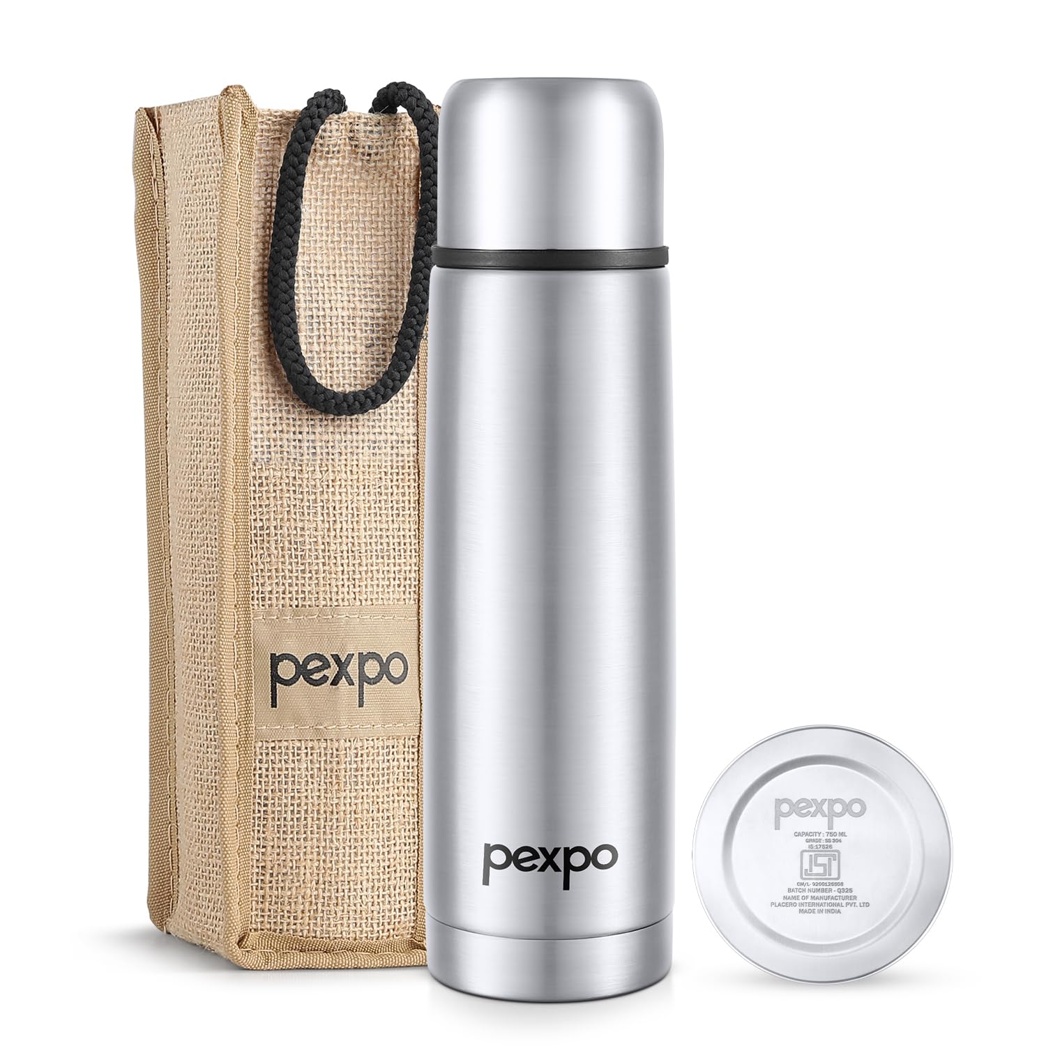 Pexpo Flexo 500ml Stainless Steel Water Bottle | Tri-Ply Vacuum Insulated Hot & Cold Steel Flask with Jute Bag | Travel Water Bottle | ISI Certified | Leakproof | for Office & Trekking - Silver