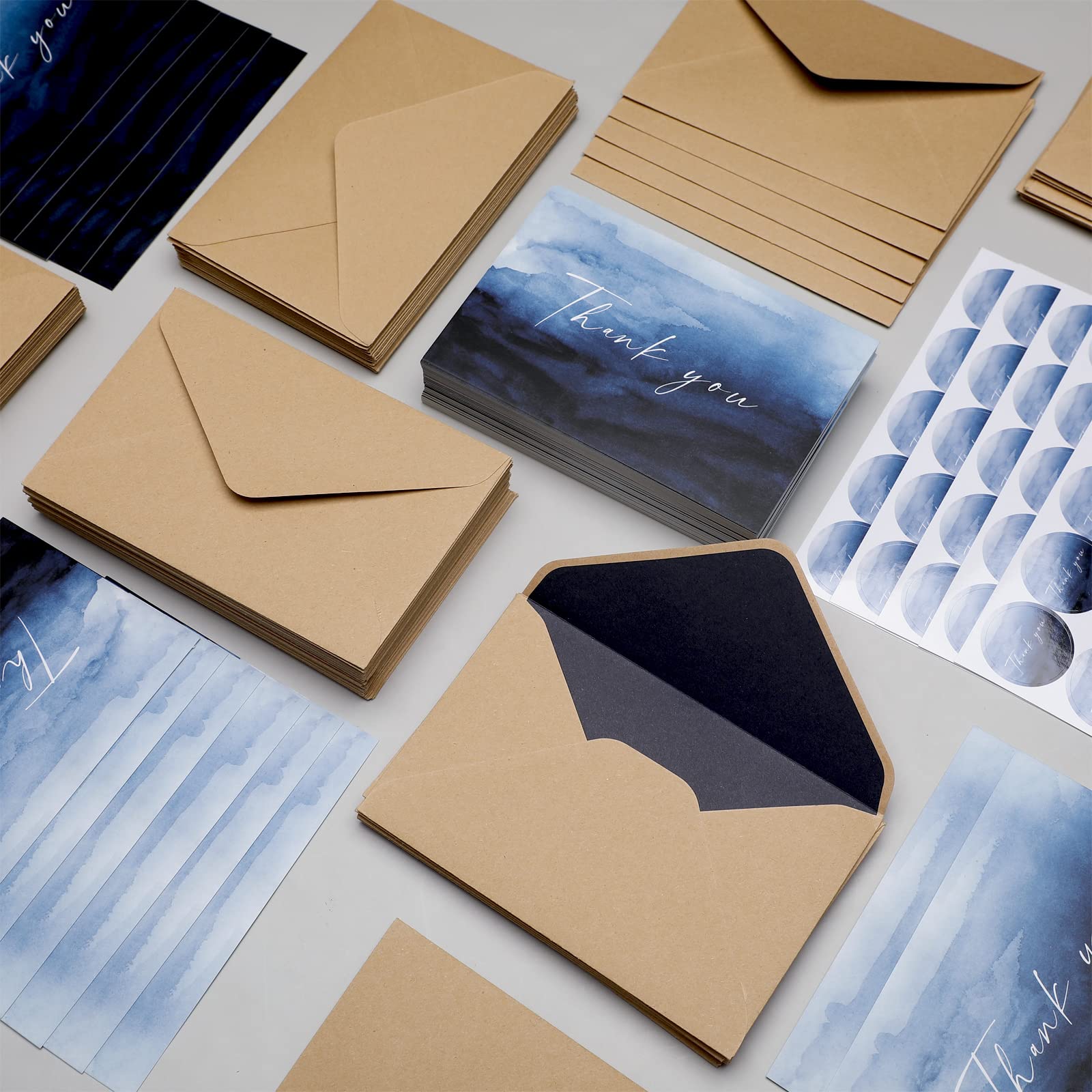Lot de 100 cartes de remerciement avec enveloppes, 100 autocollants, notes de remerciement élégantes imprimables, cartes de remerciement avec enveloppes de style kraft marron (bleu)
