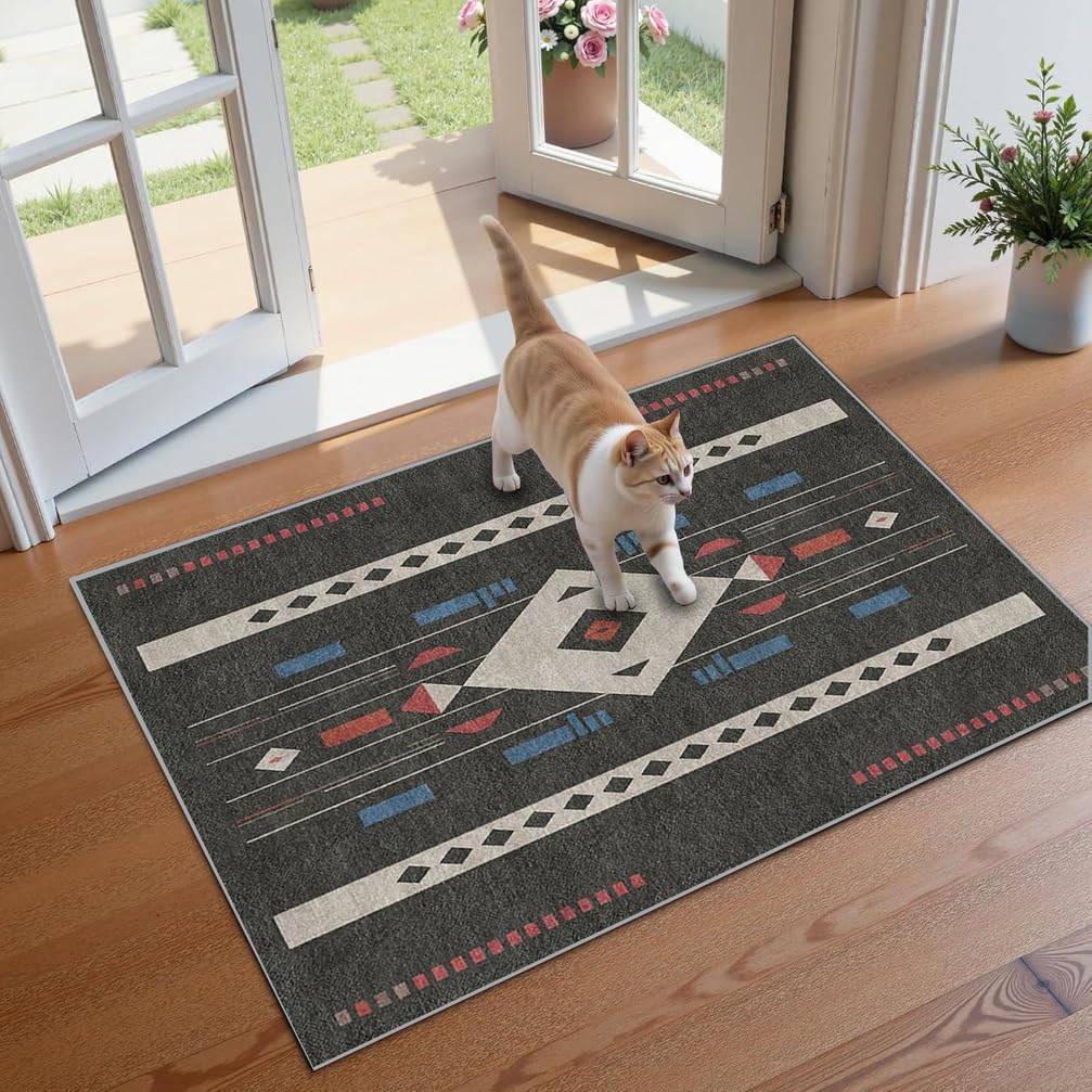 Tappeto Passatoia Antiscivolo 1.8 Metri, Tappeto lavabile per cucina, Tappeto Corridoio Interno Lungo per Ingresso Cucina Camera da Letto Casa，90 x 180 cm,Nero，Motivo Geometrico Moderno