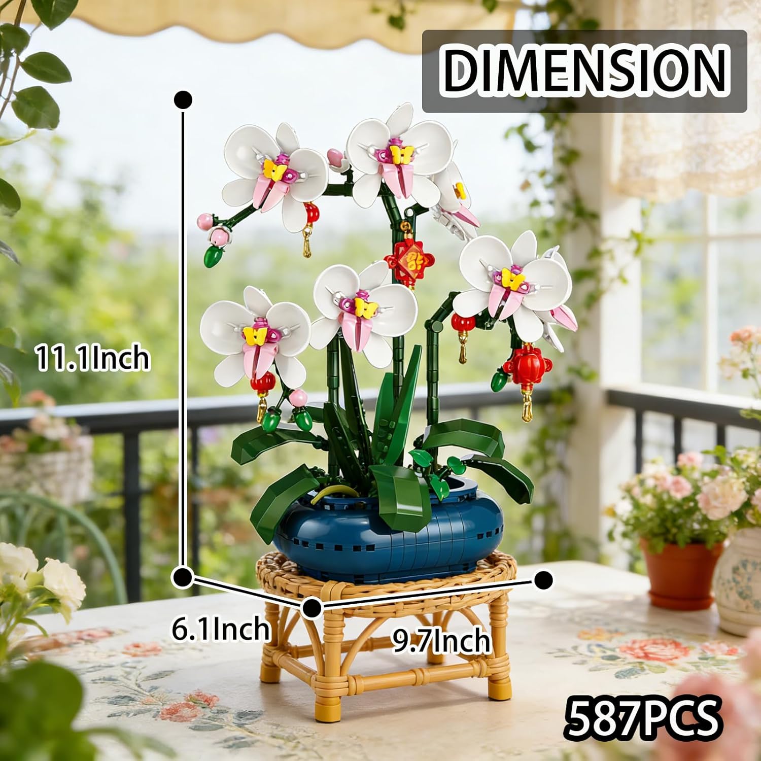White Orchids Building Blocks Set Compatible with Lego, Butterfly Bonsai Flowers Bouquet with Exquisite Vase Botanical Collection Decor, Artificial Plant Great Toy Gift for Adult, Teen(587PCS)