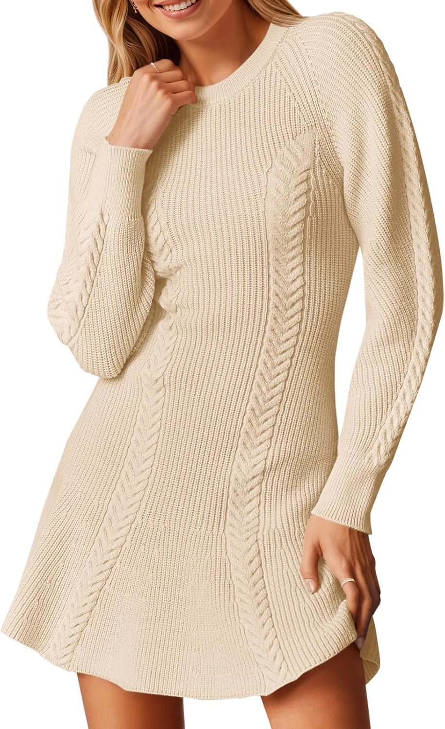 Saodimallsu Womens Long Sleeve Mini Sweater Dress Bodycon A Line Crew Neck Cable Knit Fall Trendy Short Dresses