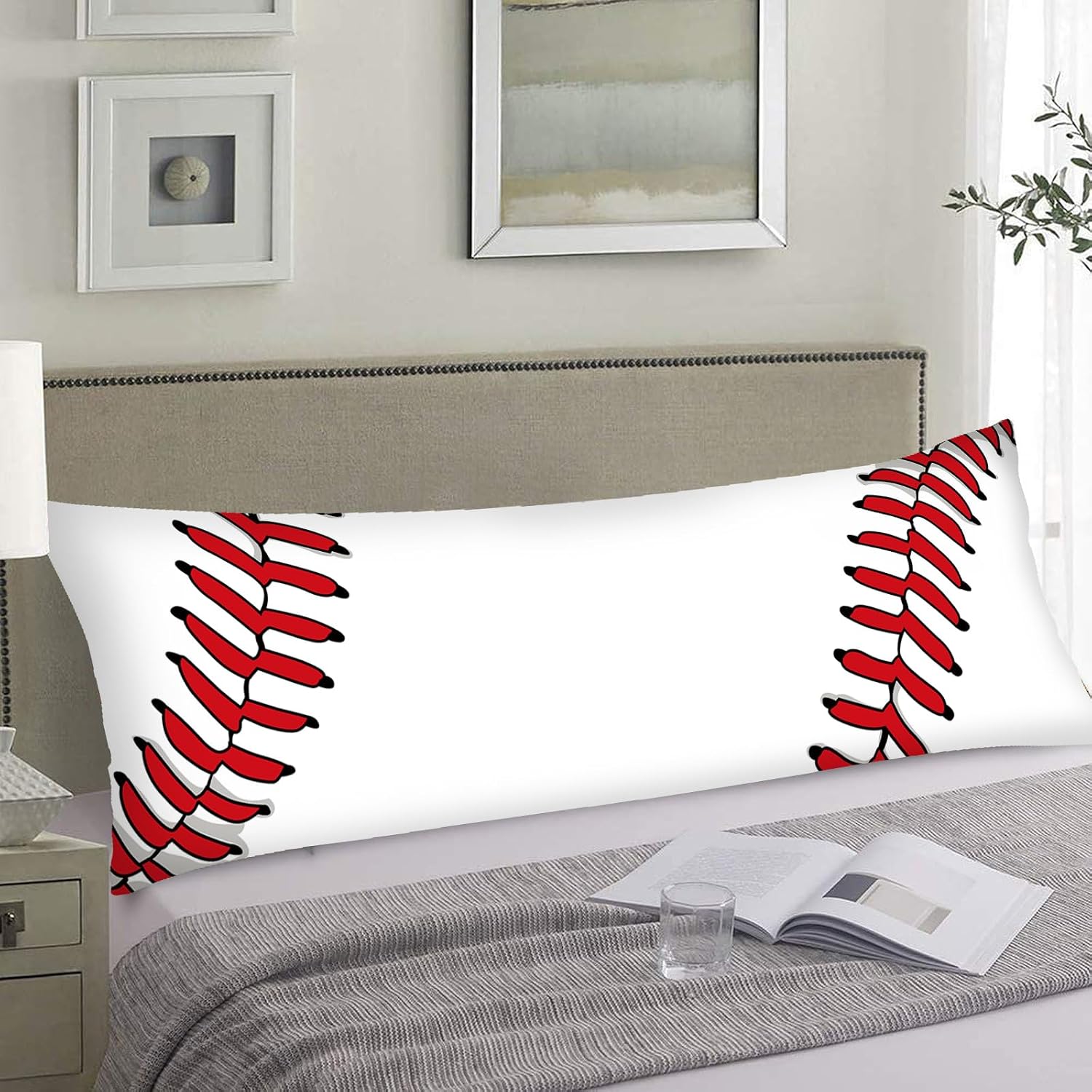 Sport Theme Body Pillow Cover 20"x54" Pillow Case Sports White and Red Baseball Laces Long Pillow Cases Protector with Zipper Decorative Bedding Pillowcase Rectangle Soft Cushion Covers for Bed,Sofa image 2
