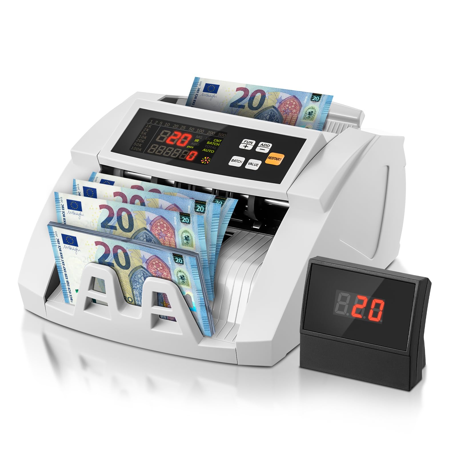 Contador de Billetes FOHERE, Maquina contar Billetes Profesional con Detección de Falsificación UV/MG/IR/DD, 1100 Billetes/Minuto, Pantalla LCD, Modos Valor y Lote para Tiendas, Bancos y Restaurantes
