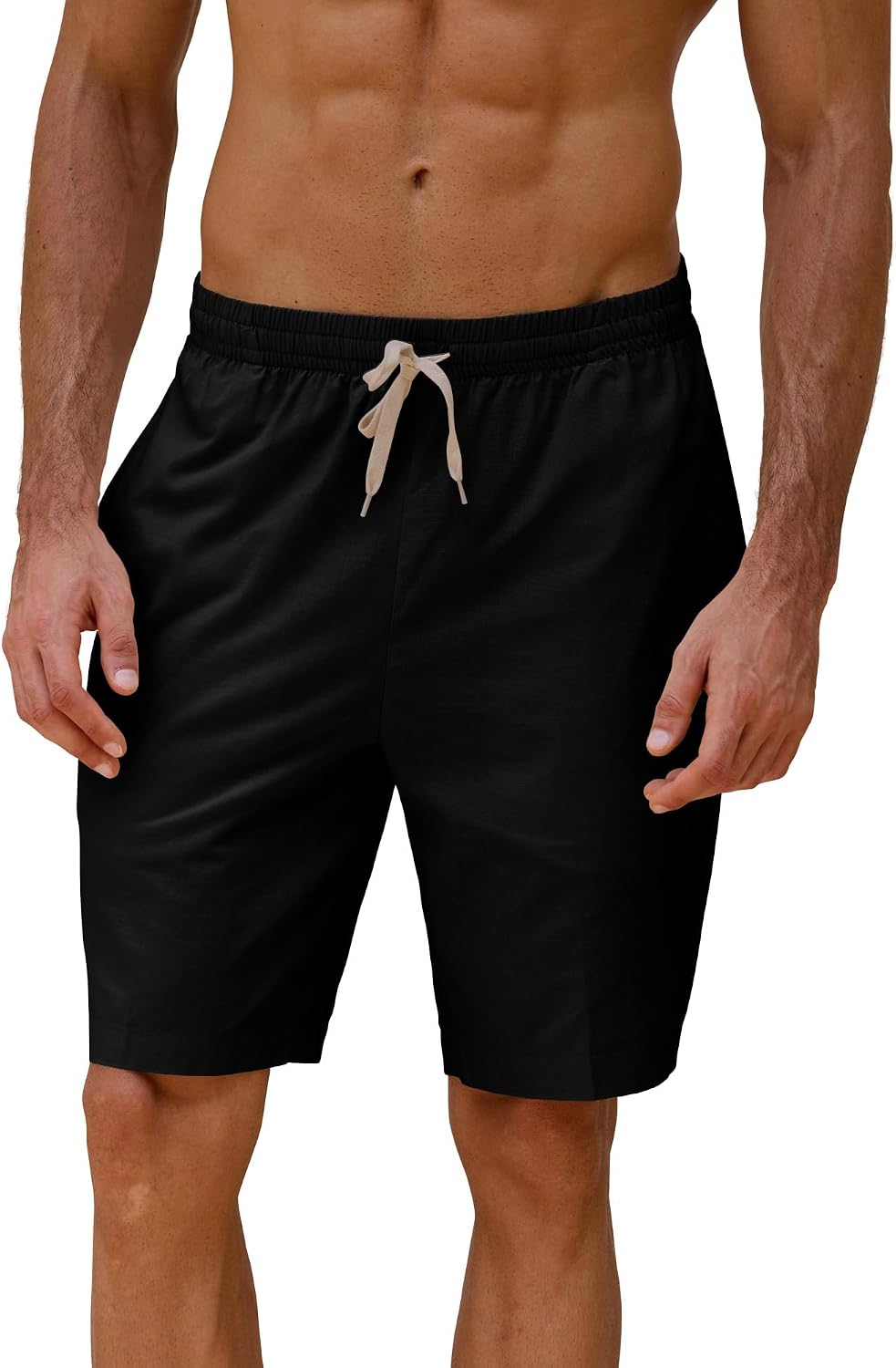 Kallspin Men's Cotton Blend Flat Front Shorts Drawstring Casual Lightweight Summer Vacation Shorts with Pockets