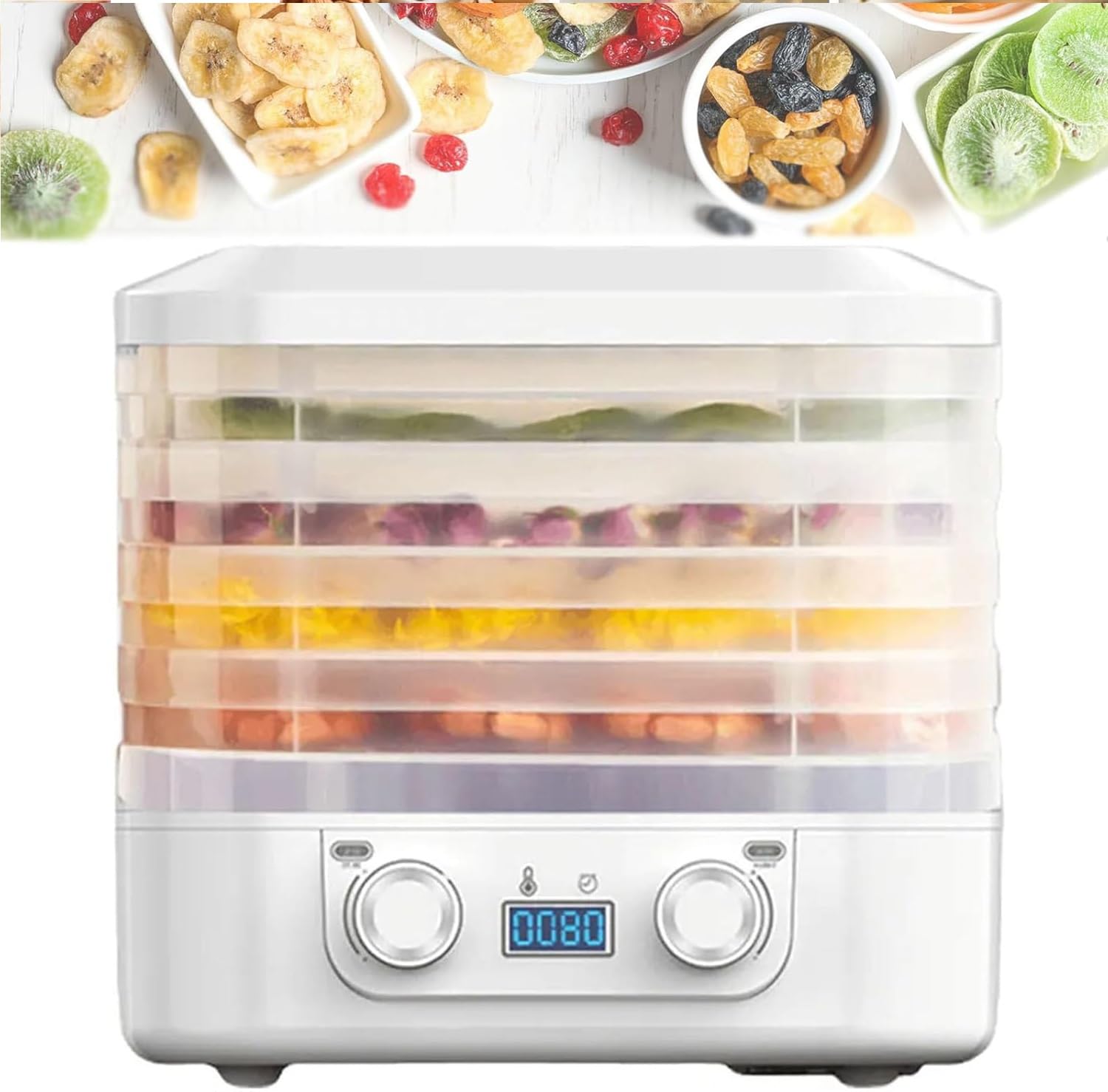 Disidratatore for alimenti e carne a scatti con 5 vassoi, | Timer digitale e controllo temperatura regolabile, mini asciugatrice for carne secca, frutta carne verdure caramelle(White)