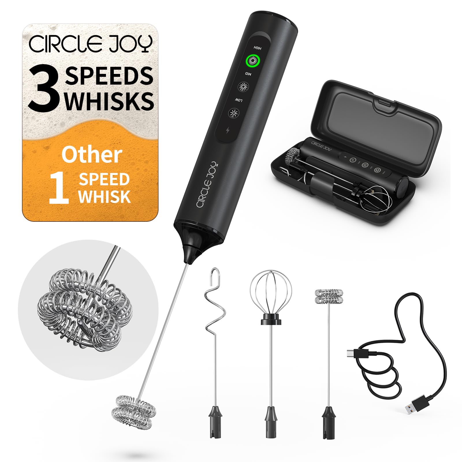 CIRCLE JOY Rechargeable Coffee Frother Electric with 3 Variable Speeds, 3 Whisks and Storage Box, Milk Frother Drink Mixer for Latte, Cappuccino, Hot Chocolate, Eggs and Protein Powder, Black-image-27