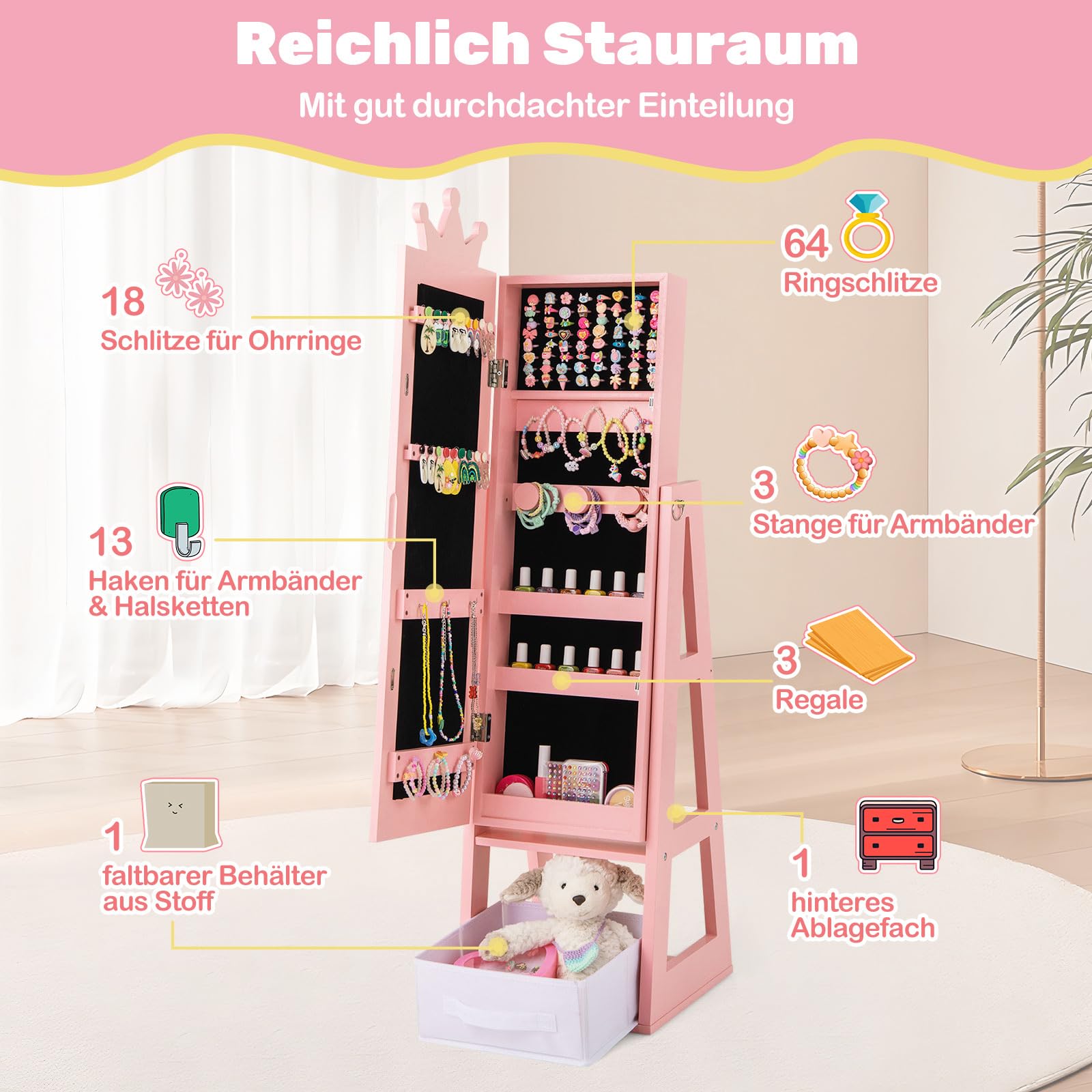 COSTWAY Kinder Schmuckschrank, 3 in 1 Spiegelschrank neigbar mit Ganzkörperspiegel & Aufbewahrungskorb, Schmuck-Organizer in Kronenform für Kinder ab 3 Jahren (Rosa)