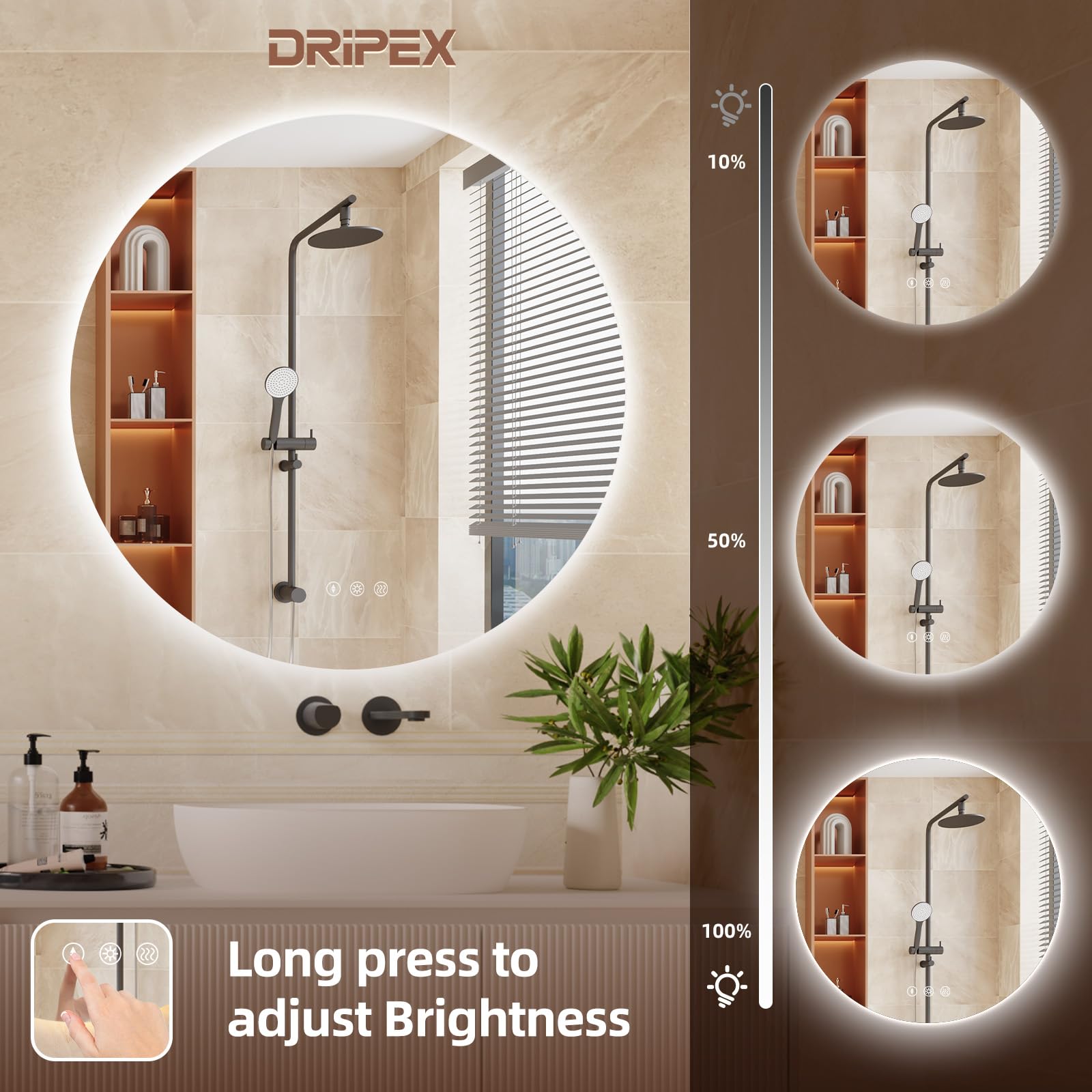 Dripex Badezimmerspiegel Led Badspiegel Rund, Touch-Schalter, Dimmbar, 3 Lichtfarbe Einstellbare Spiegel Bad mit Beleuchtung, LED Wandspiegel mit Licht, Beschlagfrei 80x80 cm