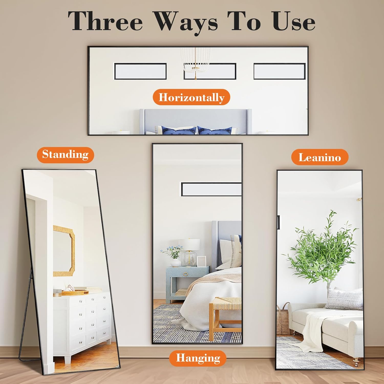 DUMOS Full Length Mirror with Stand 64"x21" Floor Standing Aluminum Frame for Bedroom Body Hanging Leaning Modern Simple Home Decor Shatter-proorf Nano Glass for Wall Living Room Cloakroom Black - Image 3