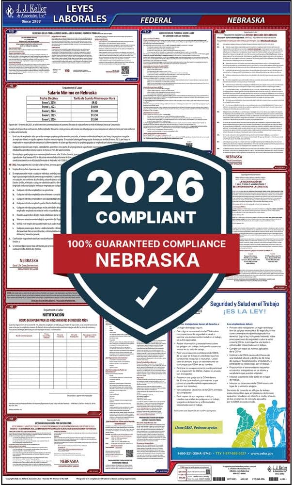 2026 Nebraska and Federal Labor Law Poster (Spanish, NE State) - OSHA Compliant All-in-One Laminated Poster, J. J. Keller & Associates, Inc.