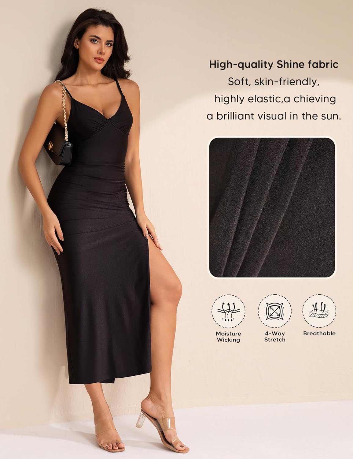 Shapewear Ruched Shine Sculpting Maxi Slip Dress Summer Black Bodycon Dresses Layered Formal Spaghetti Strap Full Slips - Image 6