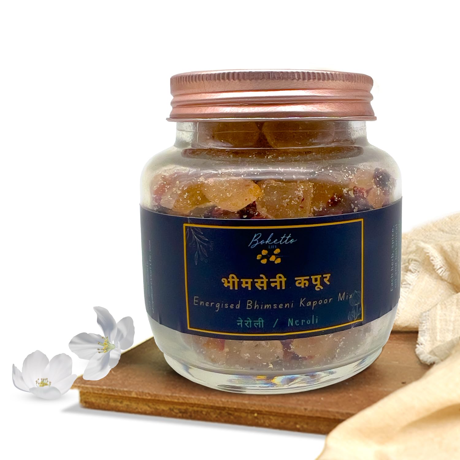 Boketto Life Bhimseni Camphor Mix 300g | Premium Bhimseni Kapoor for Puja, Diffuser & Mosquito Repellent | Pacha Karpooram | Neroli Fragrance for Positivity | Herbs,Botanicals,Natural EssentialOils