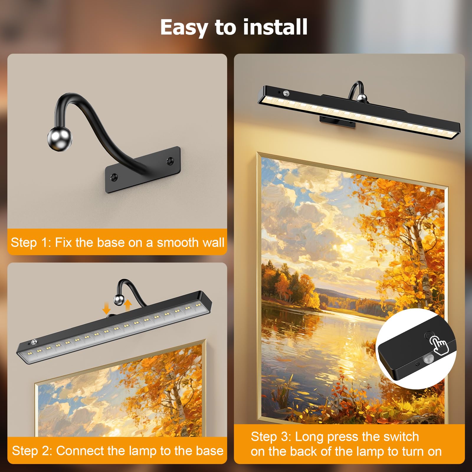 40CM Lampara Pared Sin Cable, 6000mAh recargable aplique espejo baño, Luz Inalambrica para Cuadros con Mando a Distancia 3 temperaturas ensor movimiento, para Sala de Estar Pasillo pinturas Intensidad
