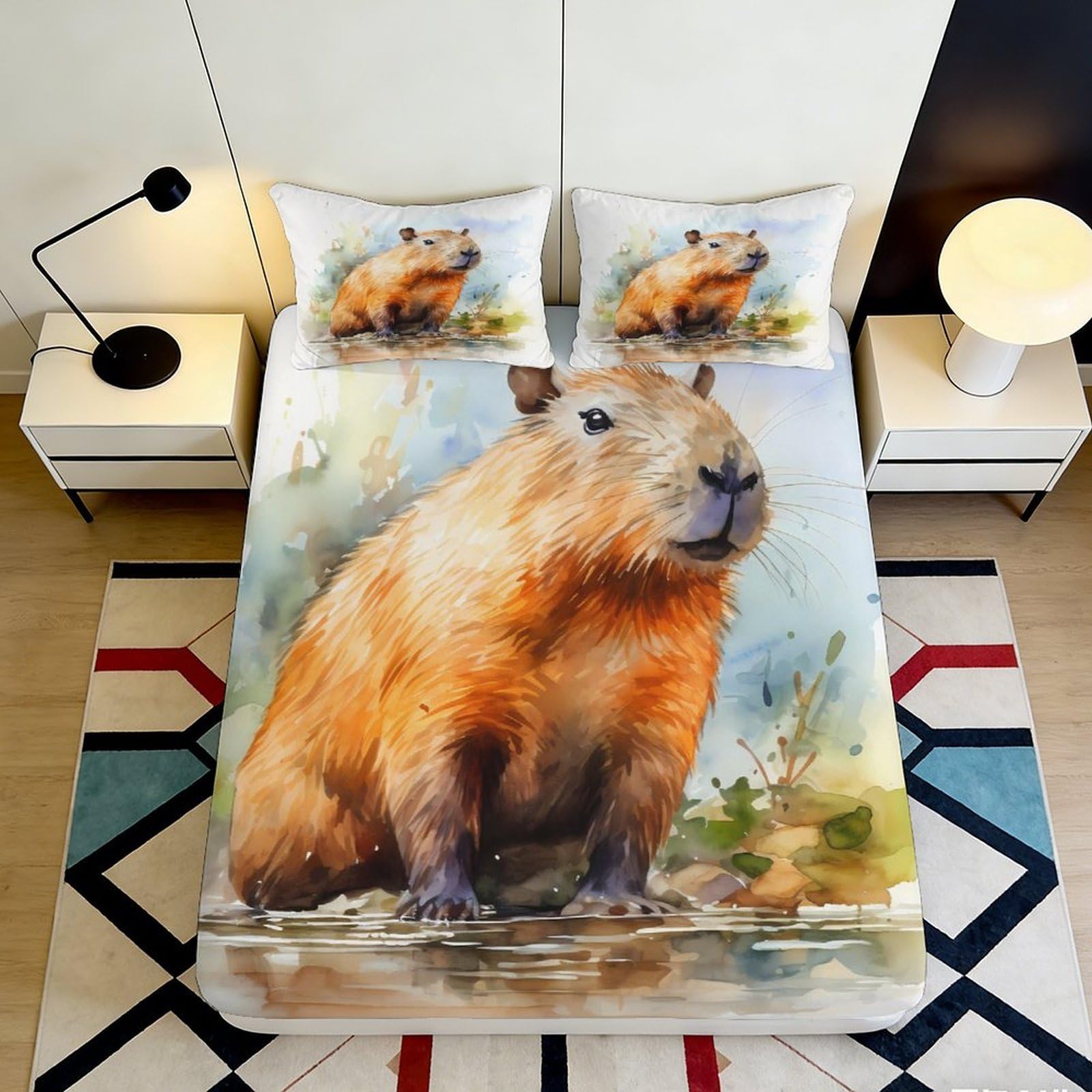 Jqzkxnhpbr Style-2 3D Printed Capybara Art Fitted Sheet Microfiber Soft Breathable Watercolor Animal Bed Cover For Bedroom Dorm Decor 90X200x25cm