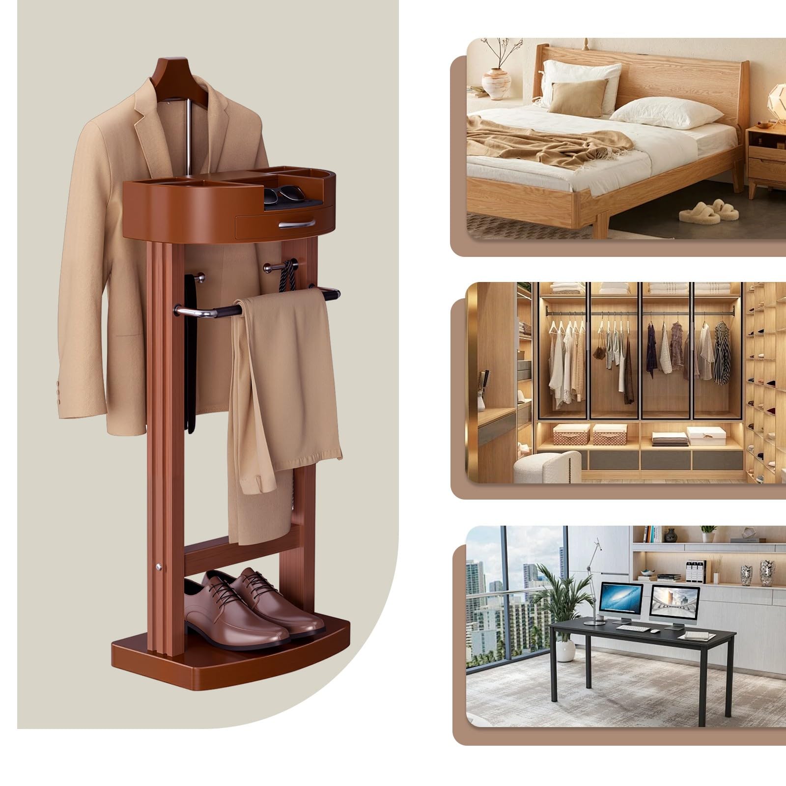 Servo Muto da Camera di Lusso con Vassoio, Indossatore Moderno Appendiabiti, Multifunzionale Servomuto in Legno con Robusto Telaio, Terra per Ingresso, Ufficio e Camera da Letto