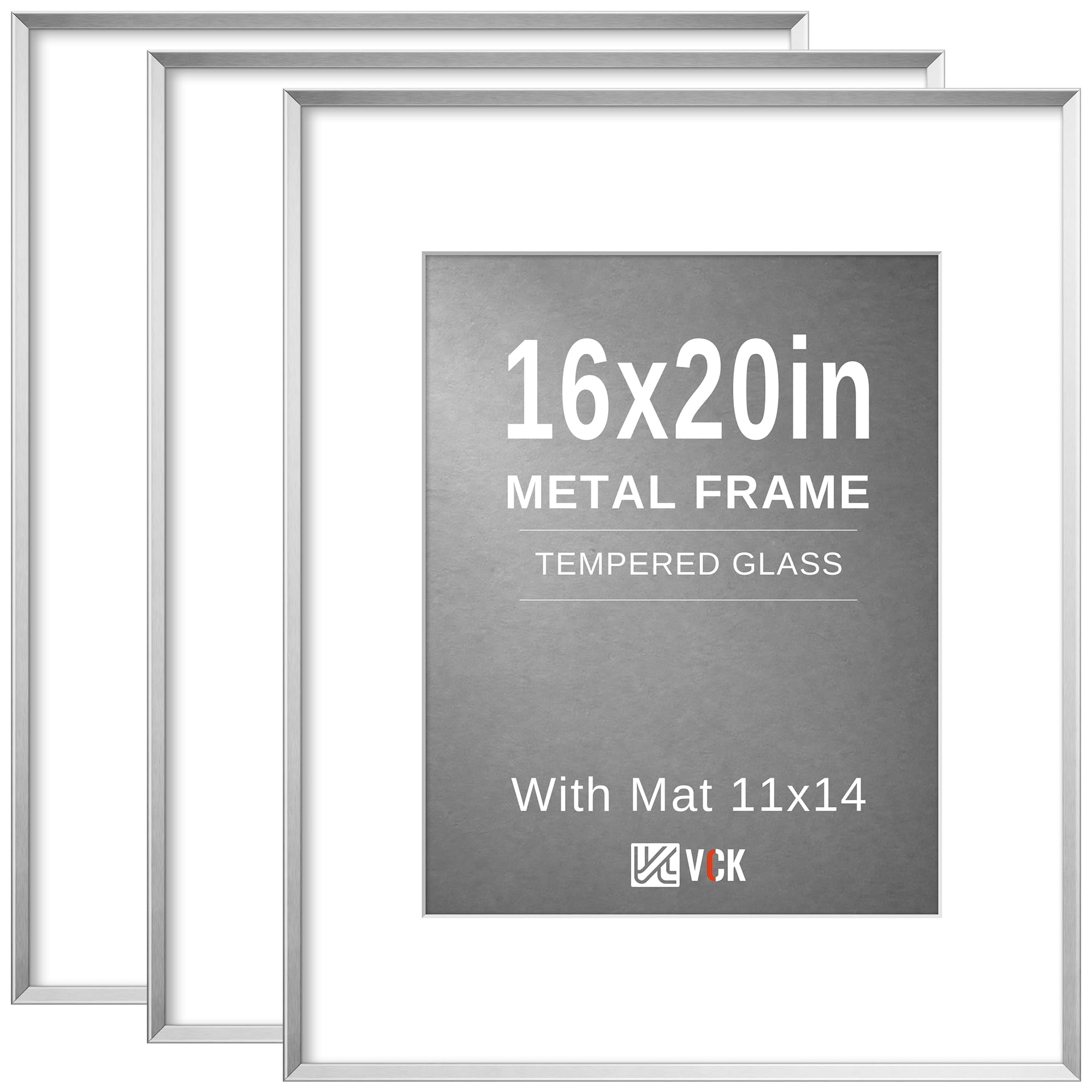 VCK 16x20 Picture Frame Silver 3-Pack, Minimalist Metal Frames with Tempered Glass,Display Photo 11x14 with Mat or 20x16 Without, Modern Decor for Home, Office, Studio, Wall Hanging