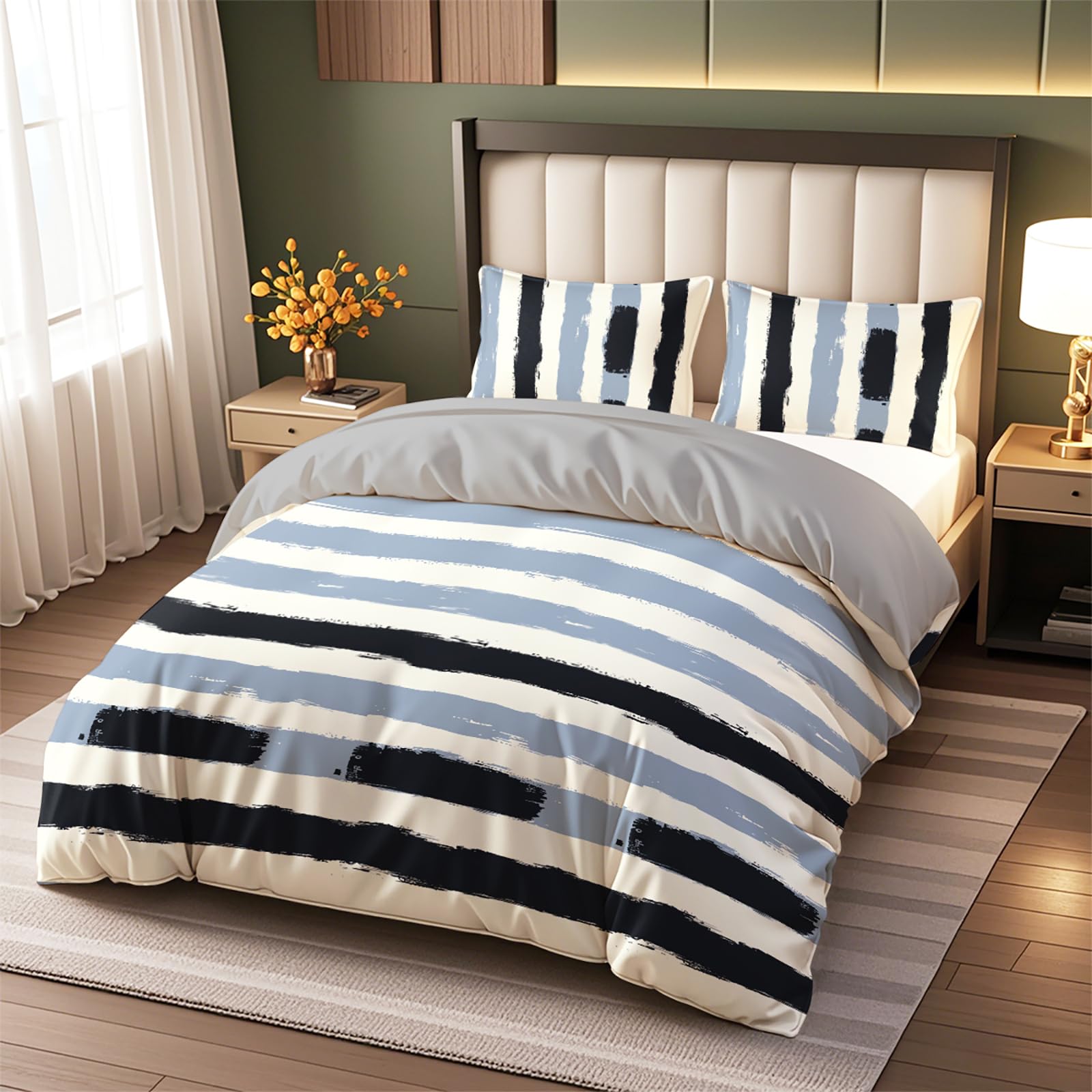 Vryxel Striped Bedding Single Duvet Cover Set Bed Zipper Beige Black Blue 135×200CM — image 1