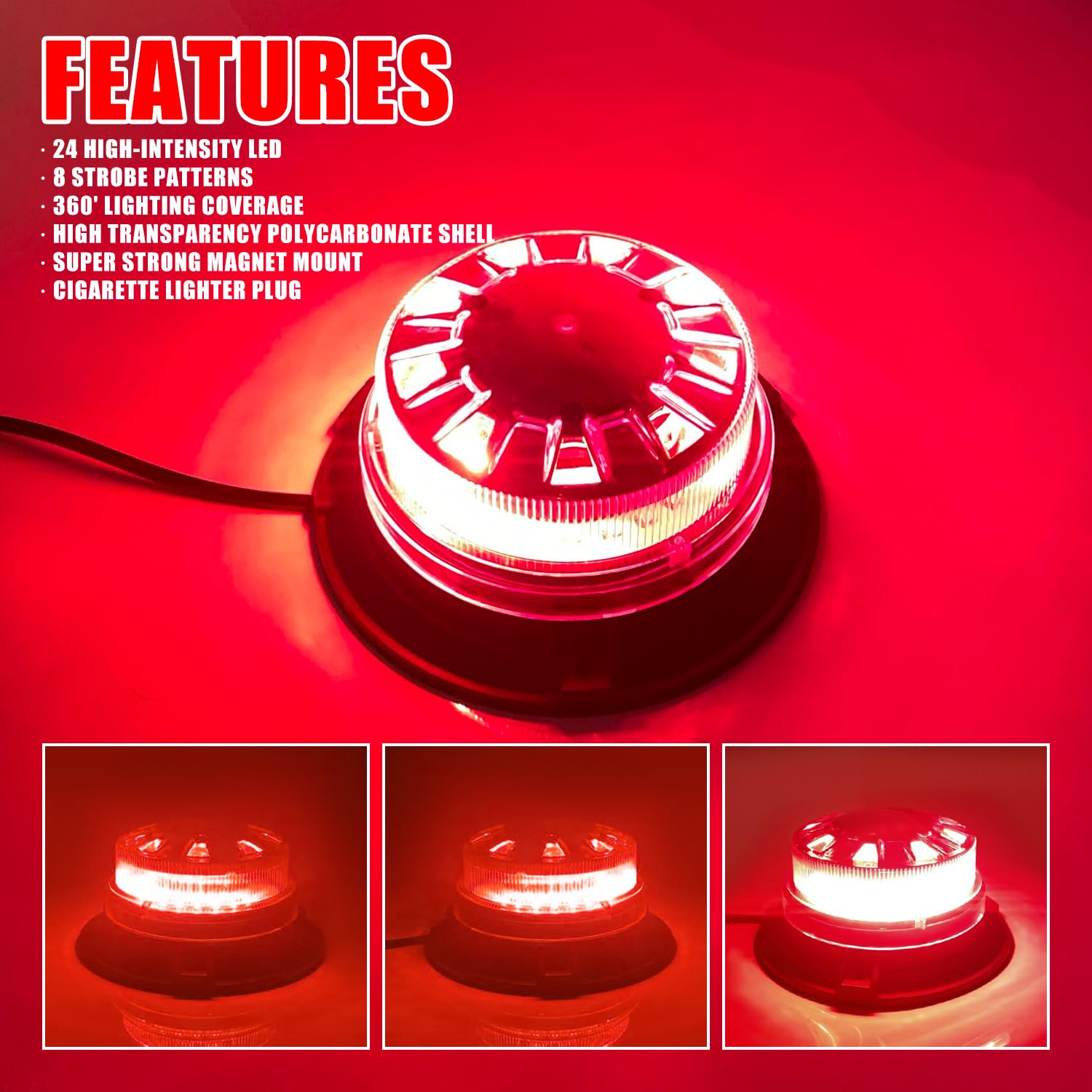 24 LED rotondo auto top lampada rossa lampeggiante di emergenza faro luce 8 modelli lampeggianti super luminoso impermeabile con base magnetica avvertimento luce della polizia adatto per auto