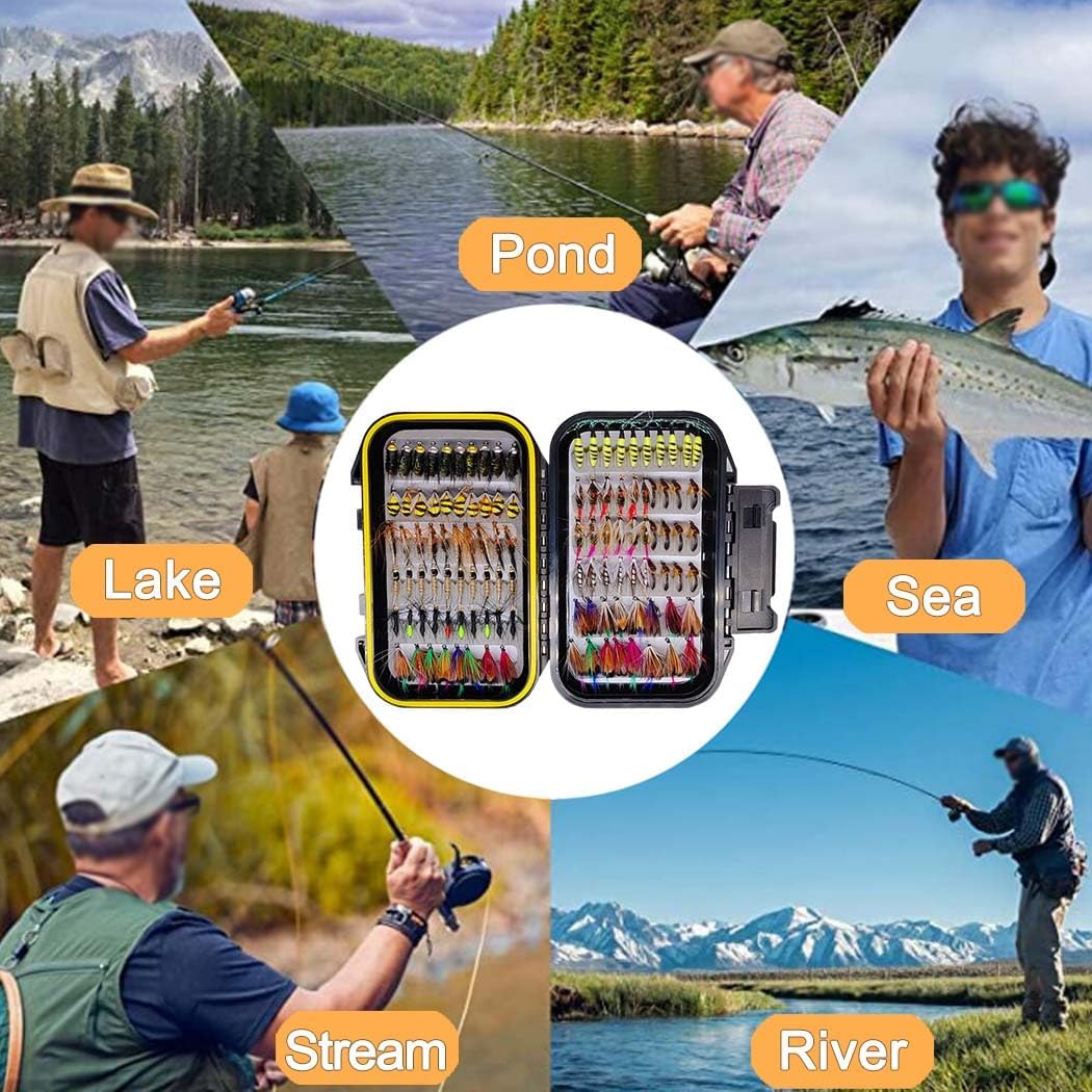 113Pcs/Box Handmade Fly Fishing Flies Kit Bionics Insect Lures Dry/Wet Flies for Trout Bass Salmon Perch with Fly Box