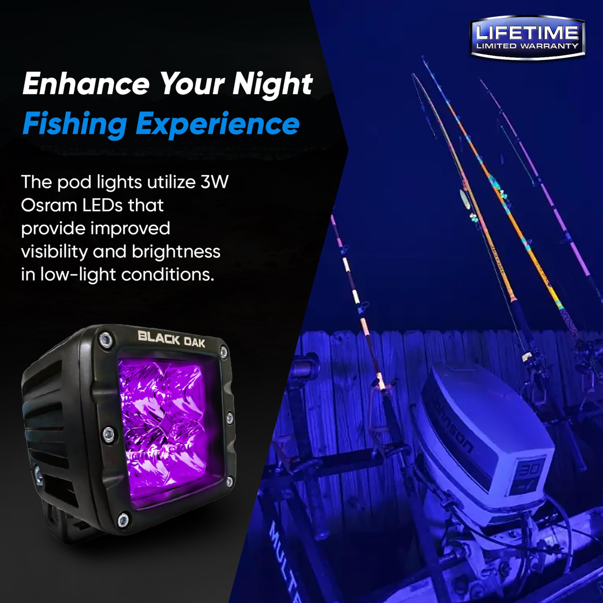 Black Oak LED Light Pods Ultraviolet Blacklight Pod Light Marine Rated Waterproof 2 Inch Led POD Lights -Night Fishing Light, Truck & Boat Lighting