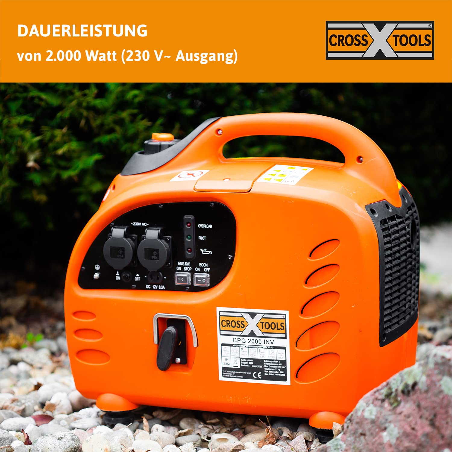 CROSS TOOLS Generator prądu inwertorowego na benzynę, agregat prądotwórczy (moc maks. 2200 W, 2 x 230 V; 1 x gniazdo 12 V, technologia INV umożliwia ładowanie laptopa, telefonu komórkowego itd.) CPG