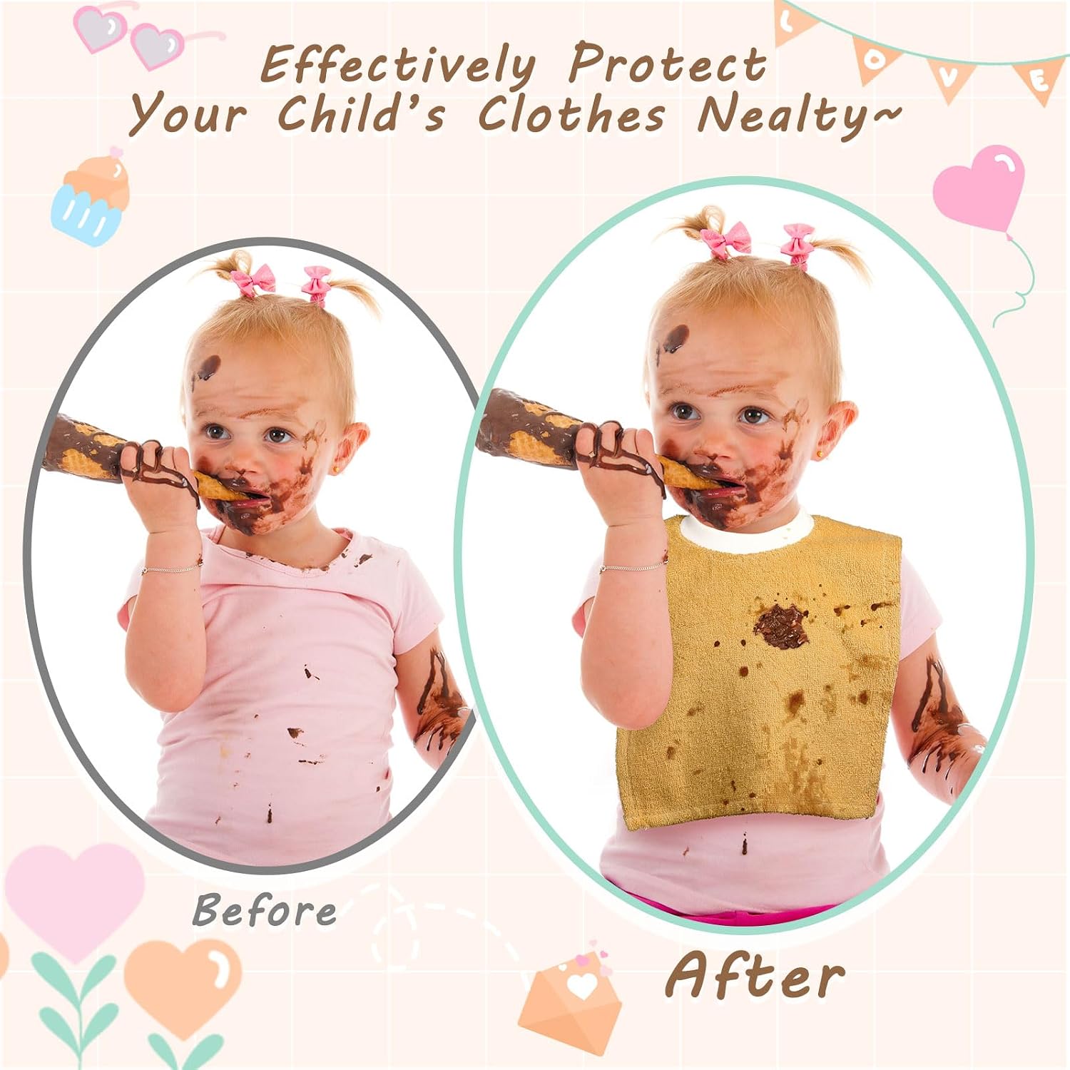 VitalCozy 3 Pieces Full Coverage Toddler Bibs Absorbent Cotton Terry Towel Toddler Bibs Pullover Baby Bibs, 3 Colors