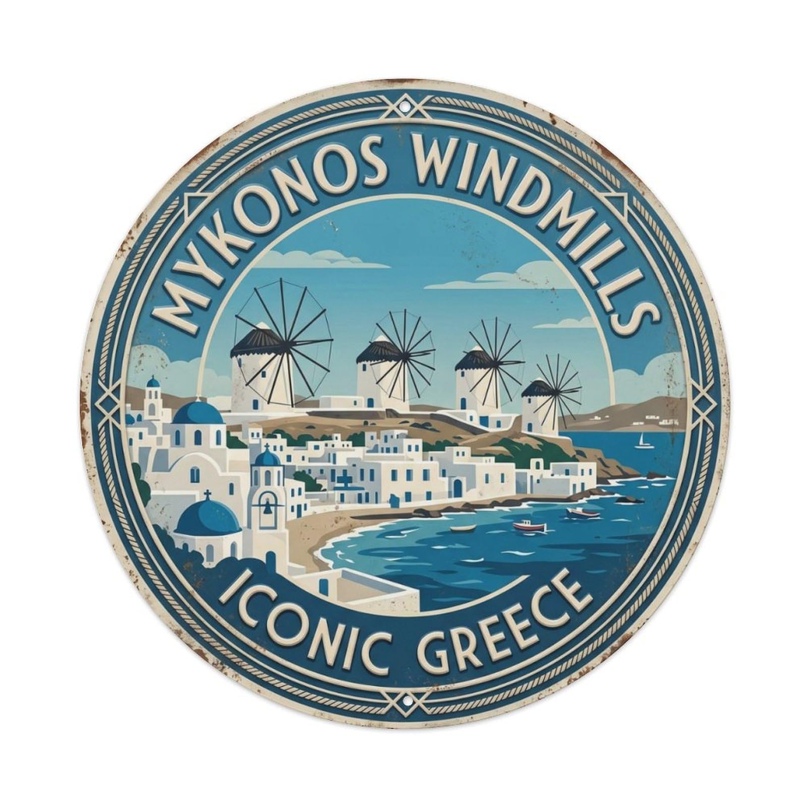 Mykonos Windmill Iconic Greece Island 1 Metal Tin Sign Plaque Wall Decor for Cafe, Club Bar, Office, Home Garden Round Metal Poster 8x8Inch