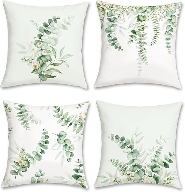 Bonhause Eucalyptus Leaves Cushion Covers 45 x 45 cm Sage Green Leaf White Flower Decorative Throw Pillow Covers for Sofa Couch Bed Home Garden Patio Decor Set of 4