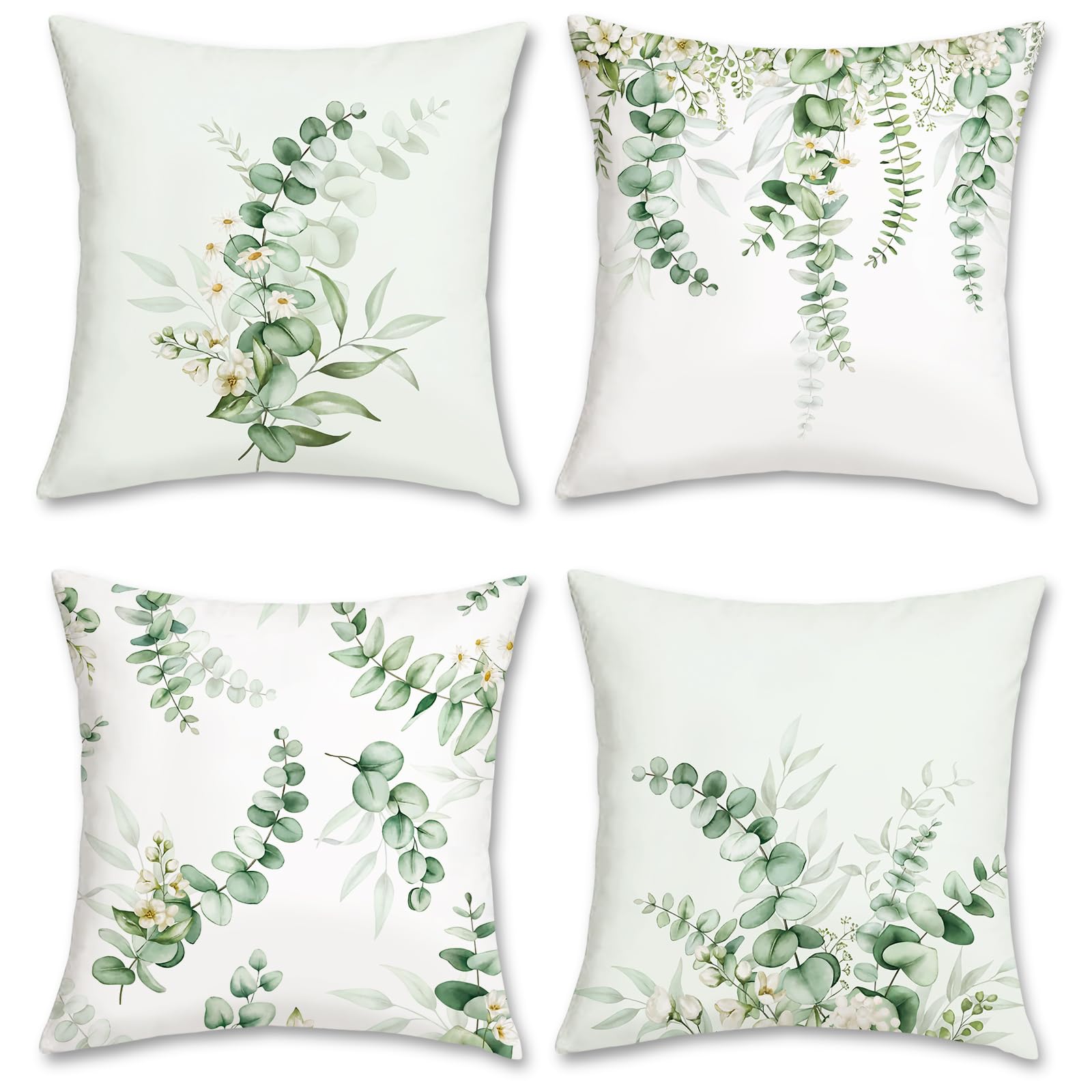 Bonhause Eucalyptus Leaves Cushion Covers 45 x 45 cm Sage Green Leaf Flower Decorative Throw Pillow Covers for Sofa Couch Bed Home Spring Garden Patio Decor Set of 4