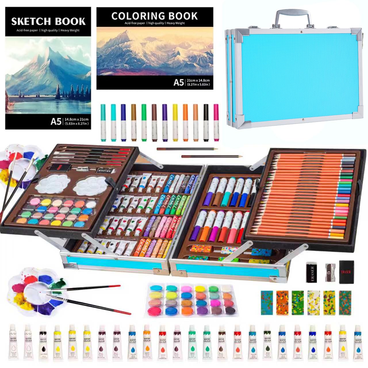 KINSPORY Deluxe Art Supplies Kit for Kids, Boys, Girls, Teens, Ages 5-12, with Sketch Pad, Watercolors, Crayons, Pencils, Markers, Oil Pastels, Palettes, Brushes, Erasers - Blue