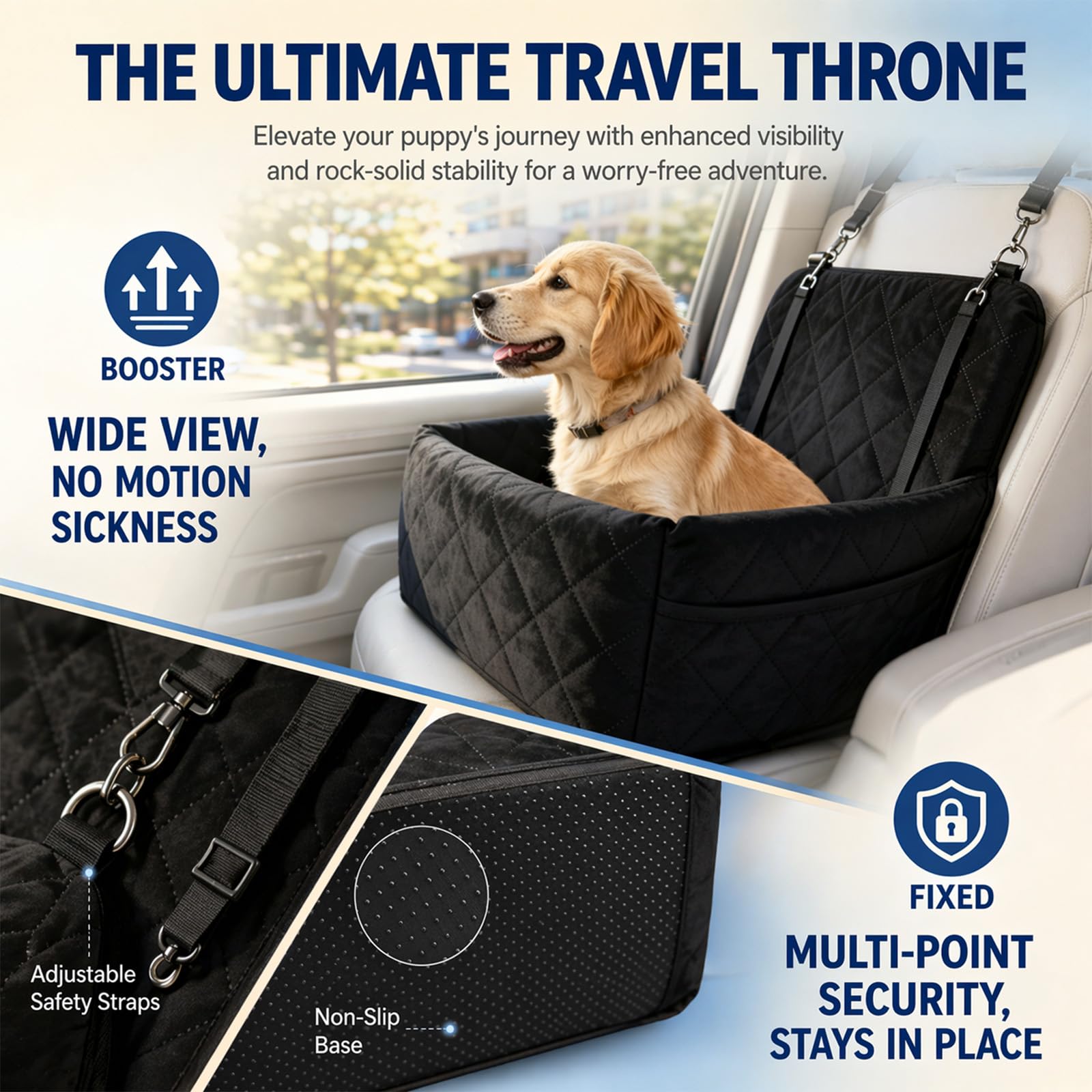 Seggiolino auto per cani, sedile posteriore per cani, con memory foam spessa, sedile sicuro per cani per auto con spessa memory foam, 2 cinture di sicurezza e fodera lavabile