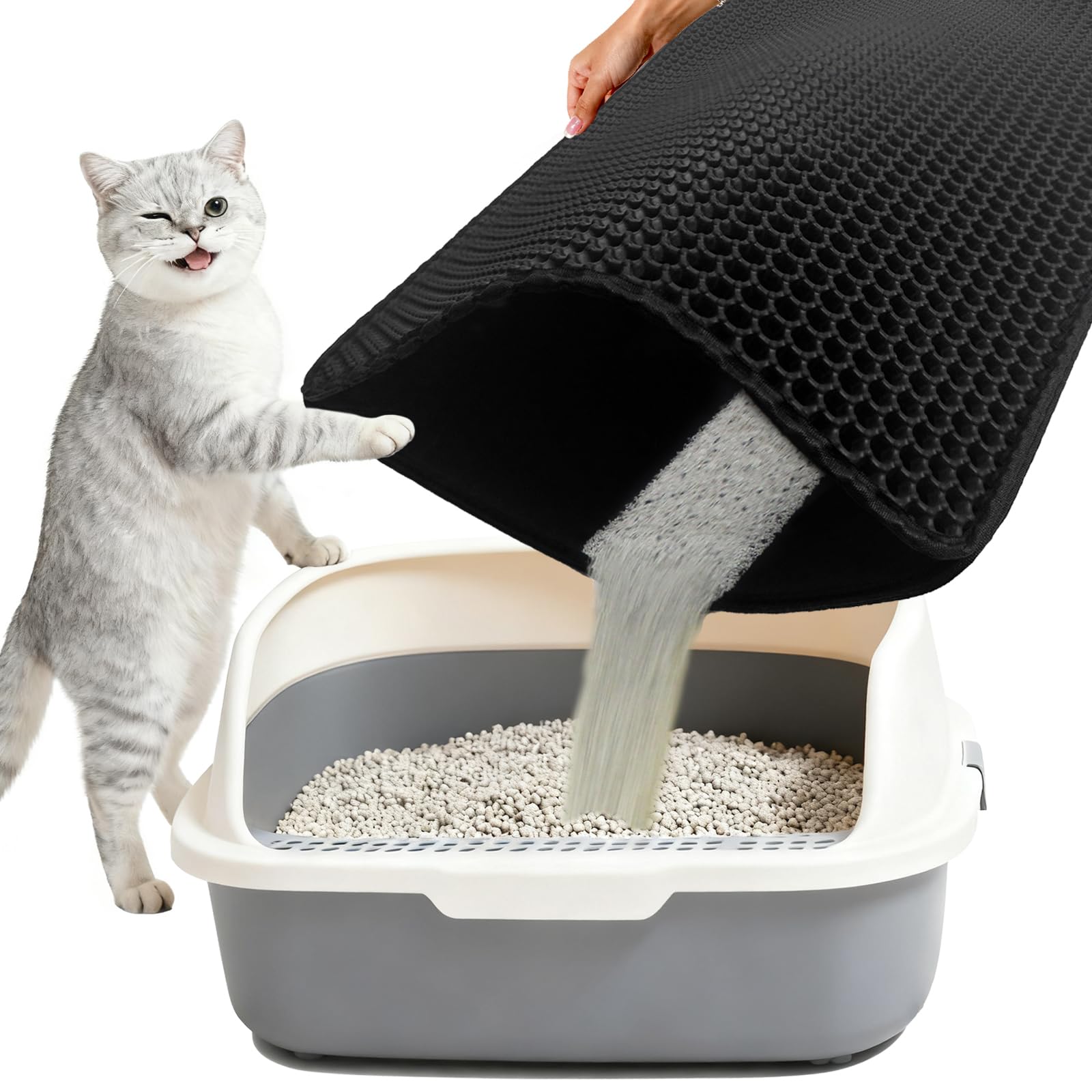Schwarze Katzenstreumatte, wasserdichtes & rutschfestes EVA, Wabenfänger zur Streukontrolle, leicht zu reinigen und wiederverwendbar (88,9 x 61 cm)