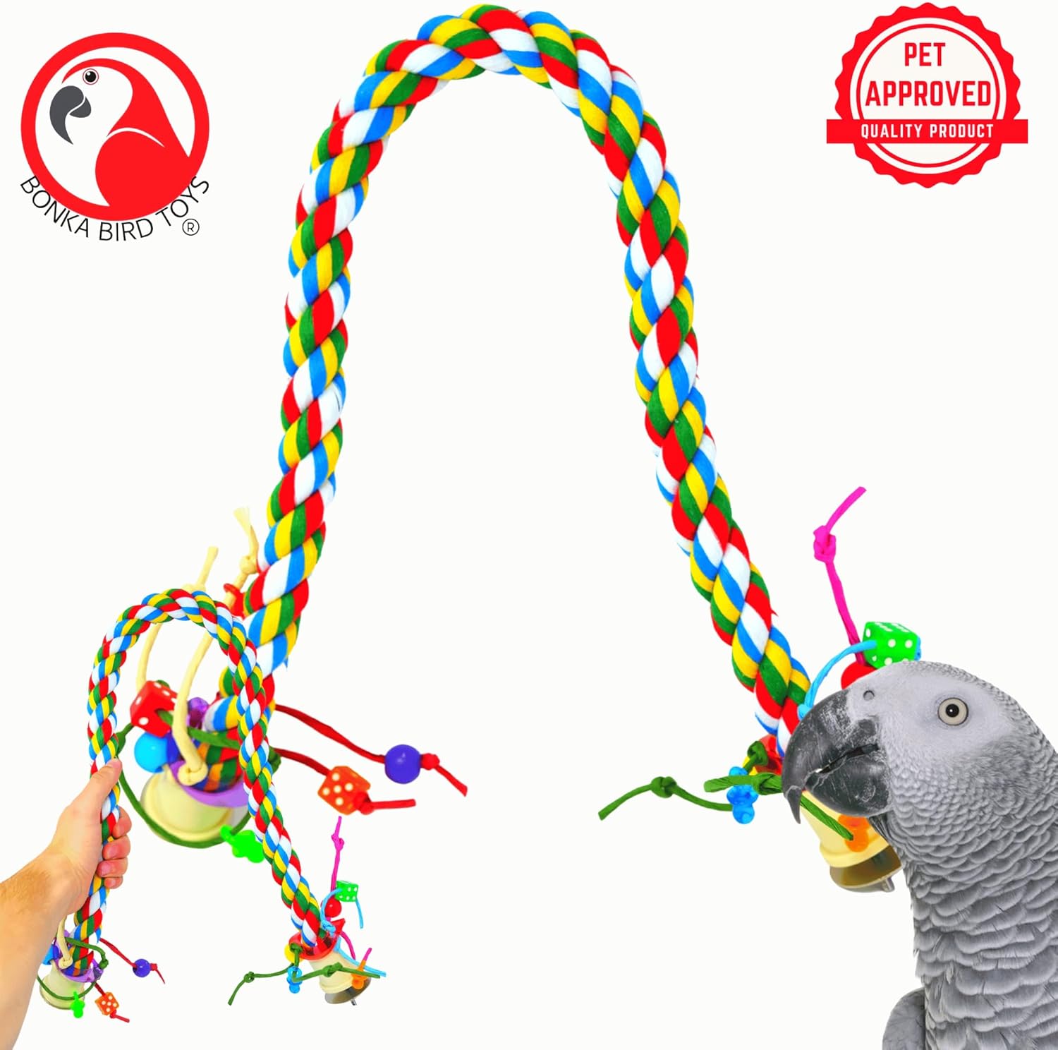 Bonka Bird Toys 1115 Large Rope Charm Perch (36" x 1") Parrot Bird Cage Toy, Conure, African Grey, Pionus, and Similar Sized Birds