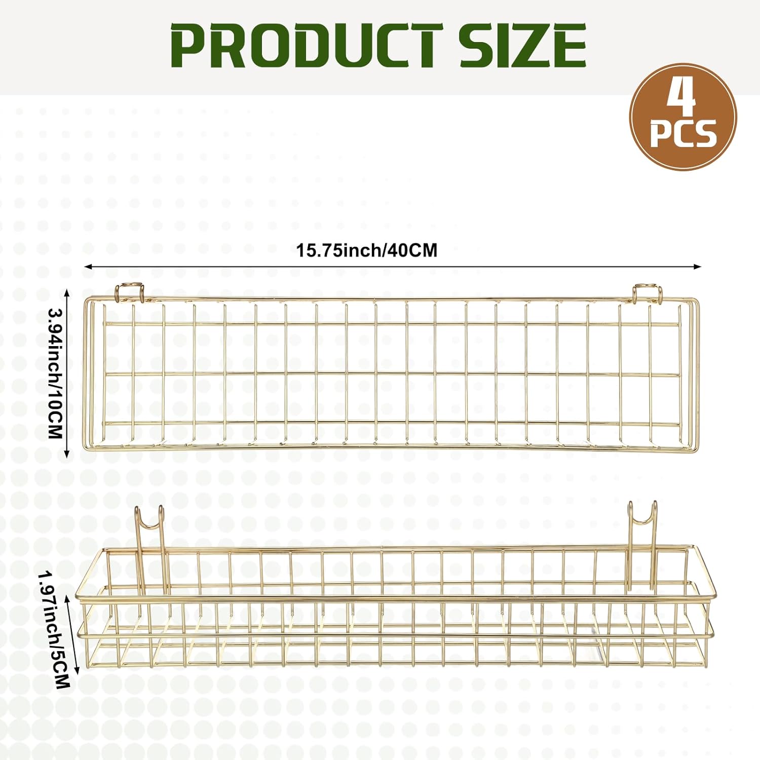 Blulu 4 Pcs Gold Metal Grid Wall Baskets with Hooks Grid Wall Shelves 15.75 x 3.94 x 1.97 Inches Hanging Wire Basket Multi Function Storage Organizer for Kitchen Organizing Display