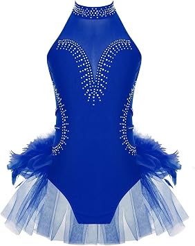 Gymnastics Leotard Kids Girls Rhythmic Gymnastics Leotard Dance Jumpsuit Tulle Skirted Skating Bodysuit Performance CostumeBlue,8