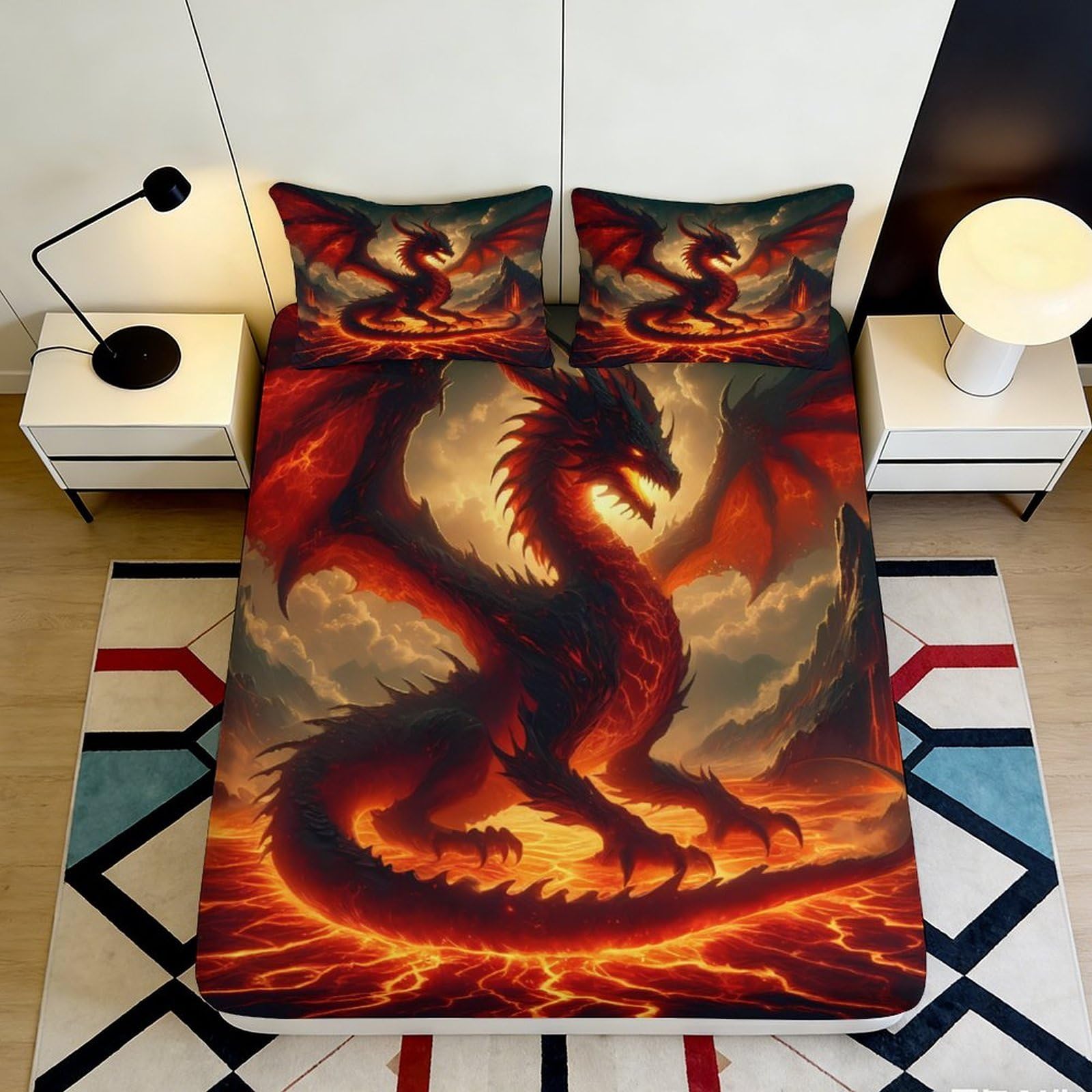 3D Printed Fiery Dragon Fitted Sheet Microfiber Soft Breathable Lava Pattern Bed Cover for Bedroom Dormitory Guest Room Mattress Protection Decor 200x200x25cm