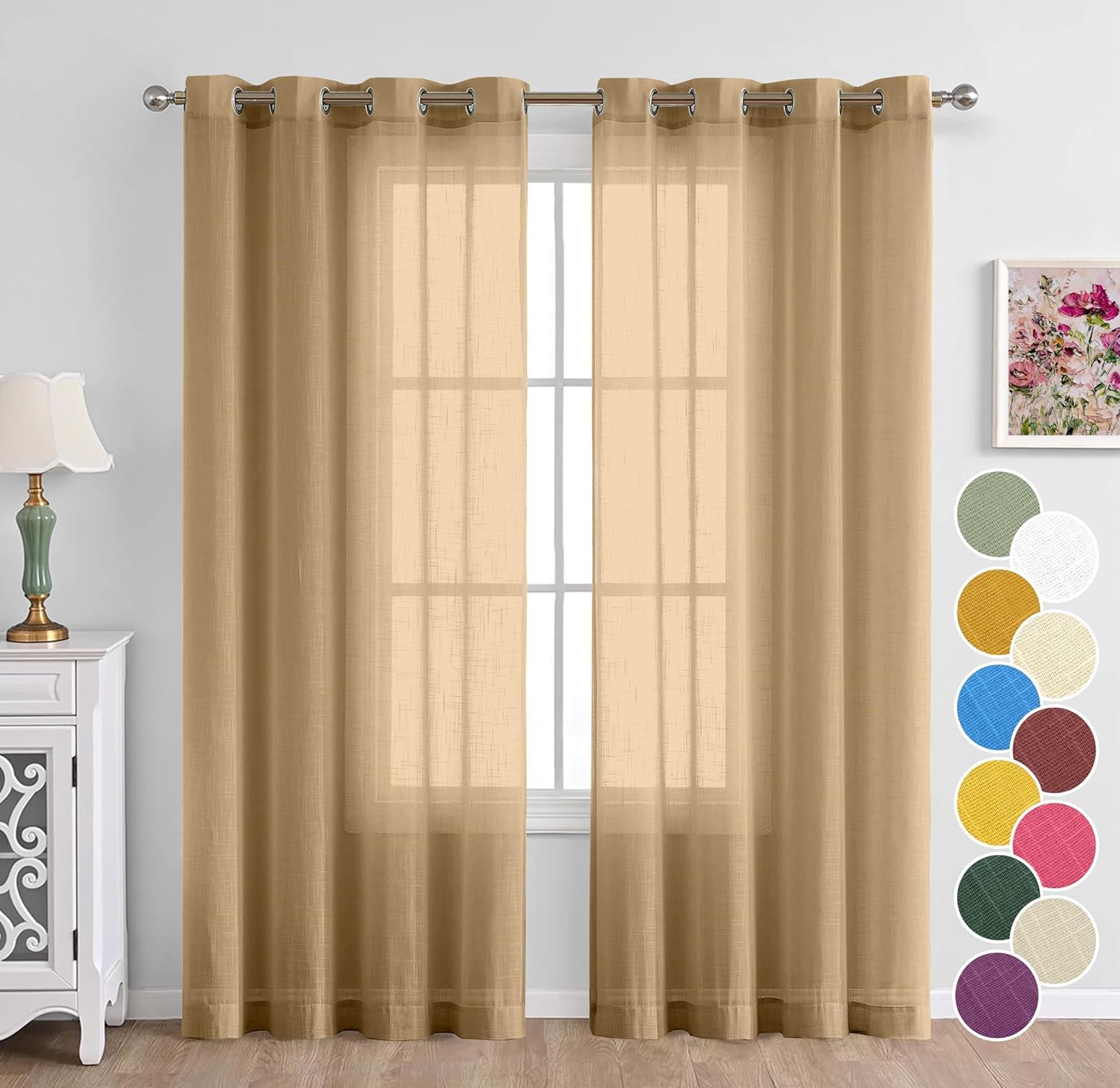 THE LINEN COMPANY Cotton Linen Solid Door Curtain, Farm House Curtains 2 Pcs Set with Steel Eyelet Rings - 7.5 Feet (Beige, Pack of 2) | Sheer