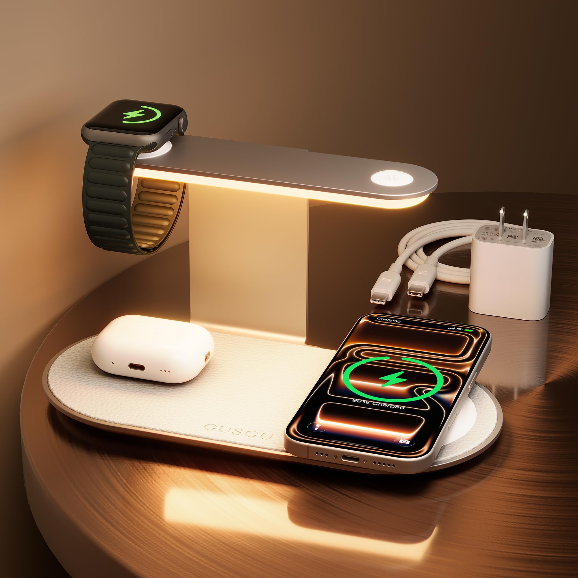 GUSGU 3 in 1 Charging Station for MagSafe Wireless Charger with Three-Level Night Light, 15W Max Fast Charging for iPhone 17/16/15/14/13/, Apple Watch Series 2-11/SE 3/ Ultra 3, AirPods Pro 3-Gray