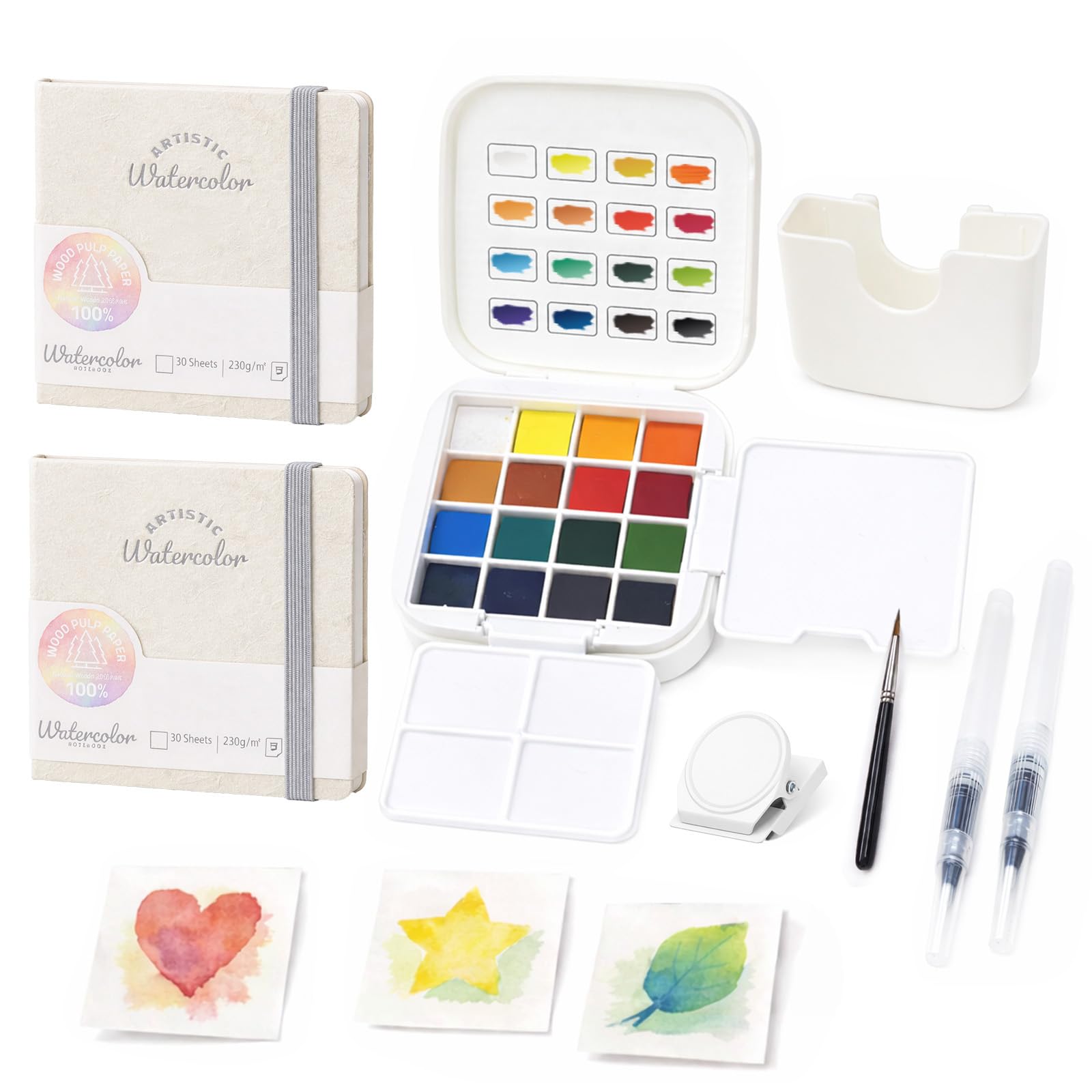 Fakindiy Mini Watercolour Paint Kit - Travel Watercolour Set, Pocket Water Colour Palette with 16 Colours, 2 Mini Sketchbook, Brushes and Clip, Portable Painting Set Gift for Beginners, Artists