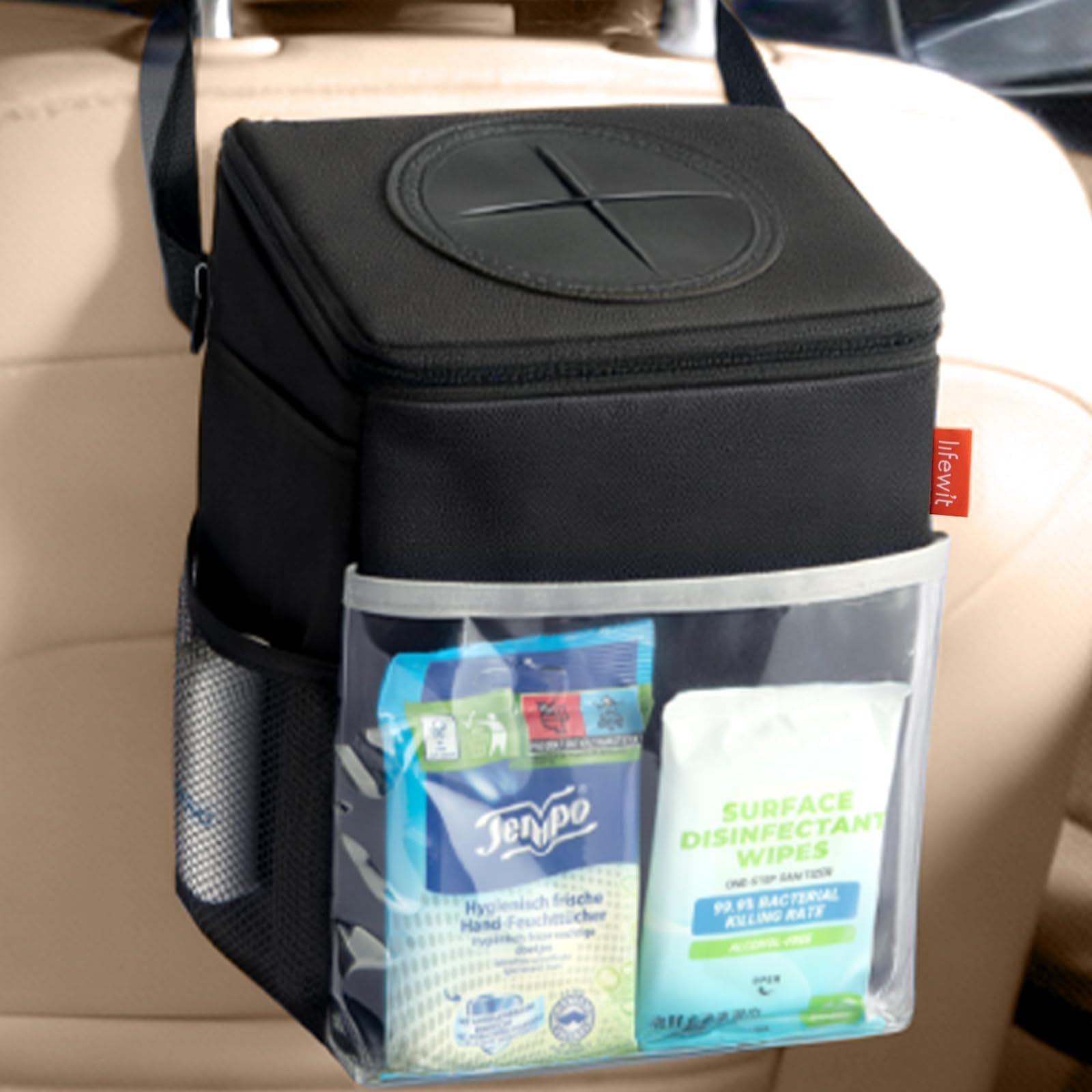 Car Trash Can, Leak-Proof with Lid and PVC Front Pocket, Waterproof 2-Gallon Auto Garbage Bin for Front/Back/Console, Vehicle Interior Organiser, Black