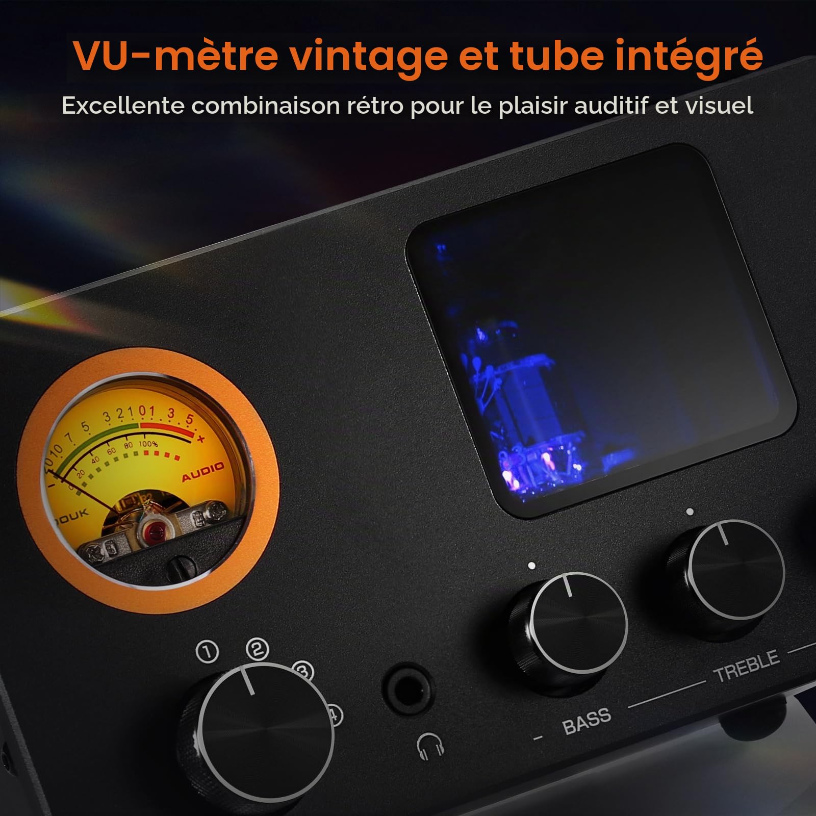 Préamplificateur à tubes Douk Audio TUBE-T5C : amplificateur pour casque avec VU-mètre, sélecteur RCA 4 voies, préampli à tubes avec contrôle de tonalité pour récepteurs, amplificateurs, enceintes, ca
