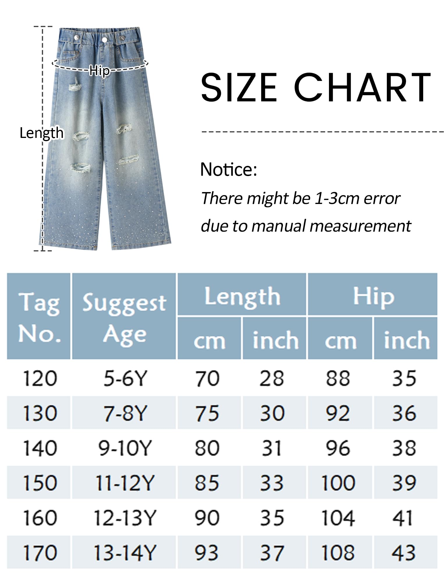 Jeans strappati da ragazza, vita alta elastica, gamba larga, pantaloni in denim invecchiato con tasche larghi casual streetwear 5-14 anni
