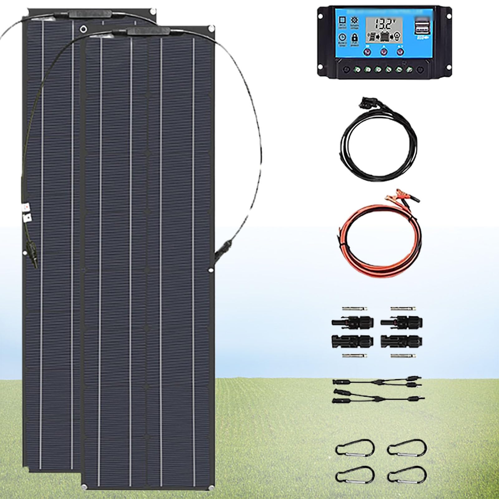 Paneles Solares Flexibles de 16 a 24 Voltios, 2 Pcs de 200 W, Kit de Panel Semisolar Monocristalino, Cargador Mono Fuera de la Red Flexible para Vehículos Recreativos, Caravanas,Black