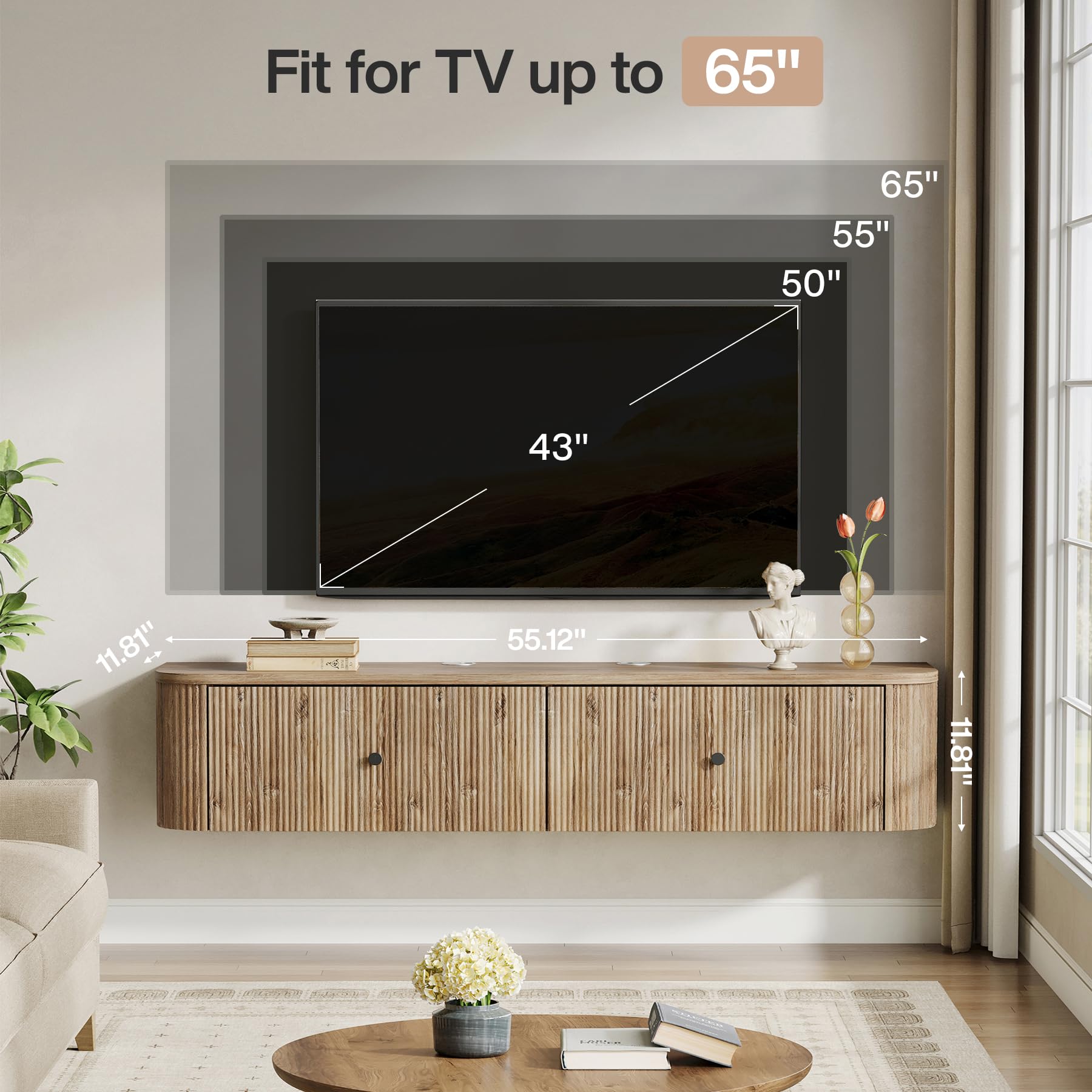 Tribesigns Mobile TV sospeso da parete, console TV da 140 cm con 2 cassetti scanalati, moderna tavola multimediale sospesa per soggiorno, camera da letto, rovere